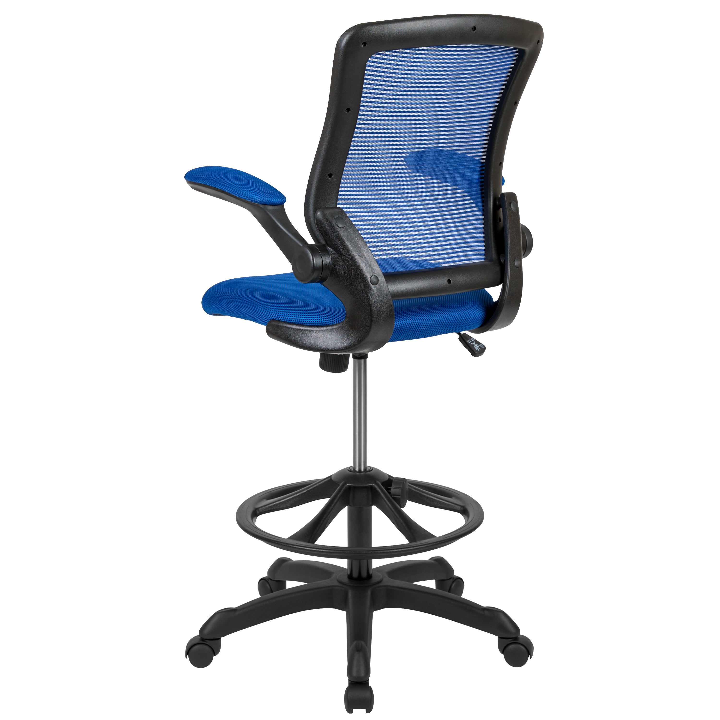 Kale Mid-Back Blue Mesh Ergonomic Drafting Chair with Adjustable Foot Ring and Flip-Up Arms