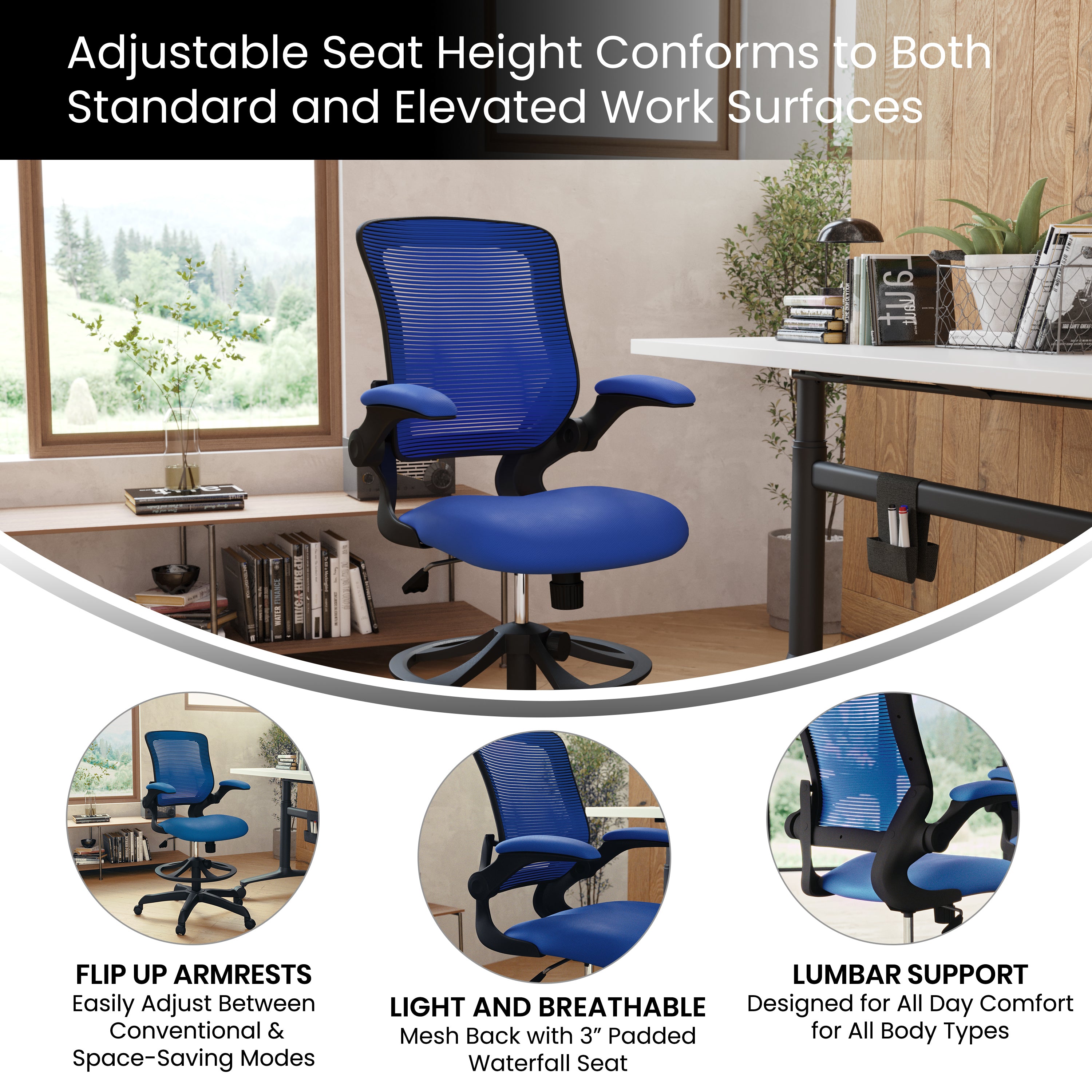 Kale Mid-Back Blue Mesh Ergonomic Drafting Chair with Adjustable Foot Ring and Flip-Up Arms