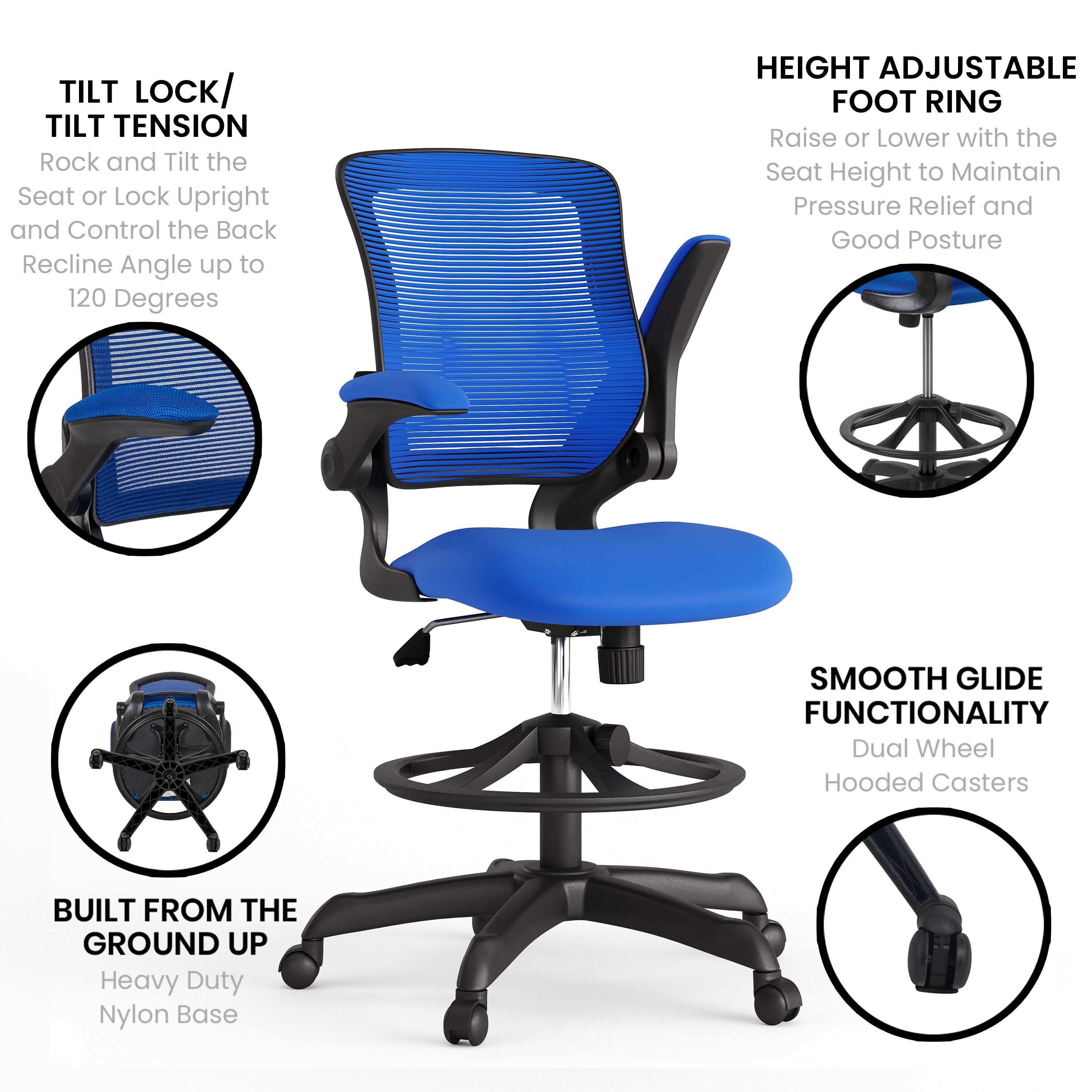 Kale Mid-Back Blue Mesh Ergonomic Drafting Chair with Adjustable Foot Ring and Flip-Up Arms