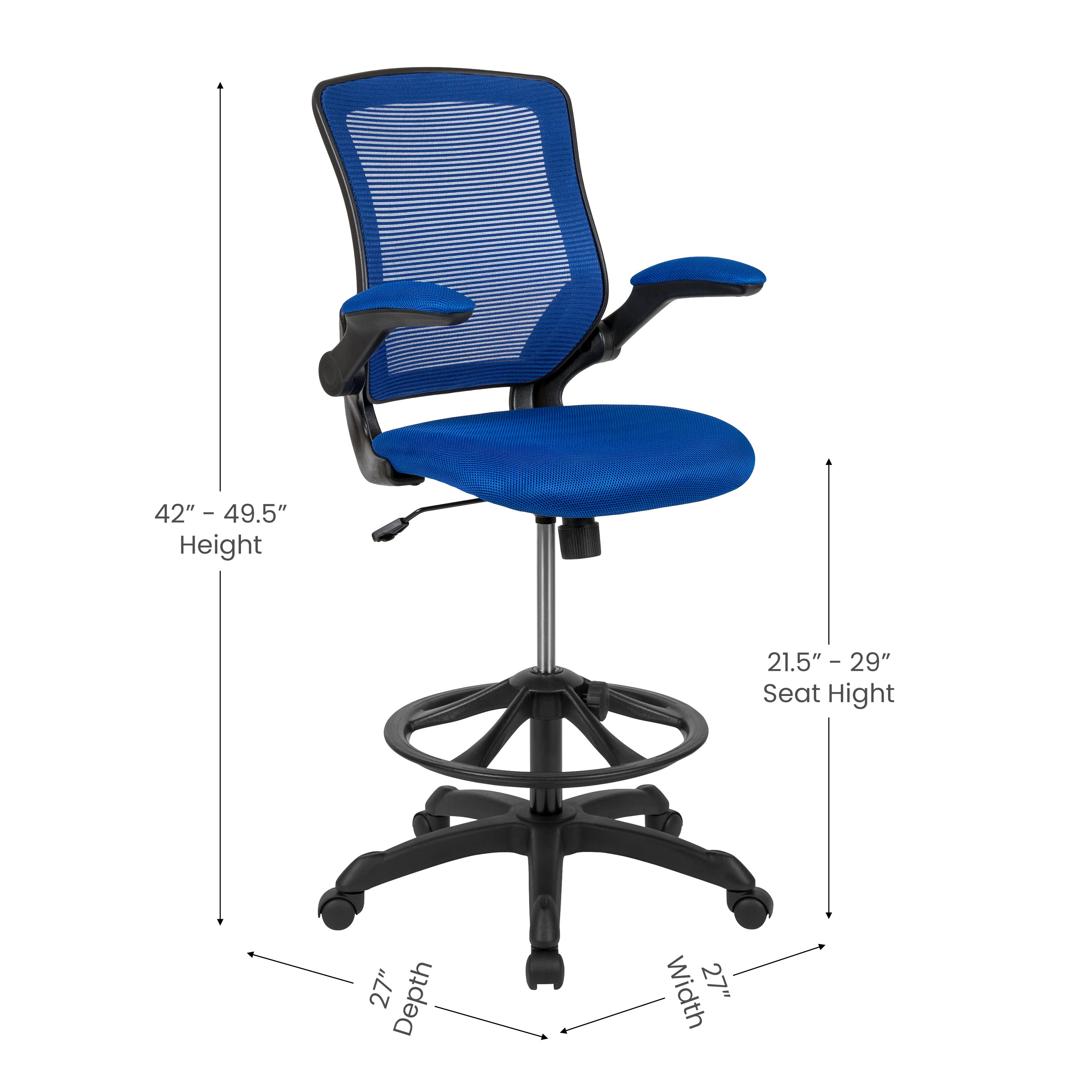 Kale Mid-Back Blue Mesh Ergonomic Drafting Chair with Adjustable Foot Ring and Flip-Up Arms