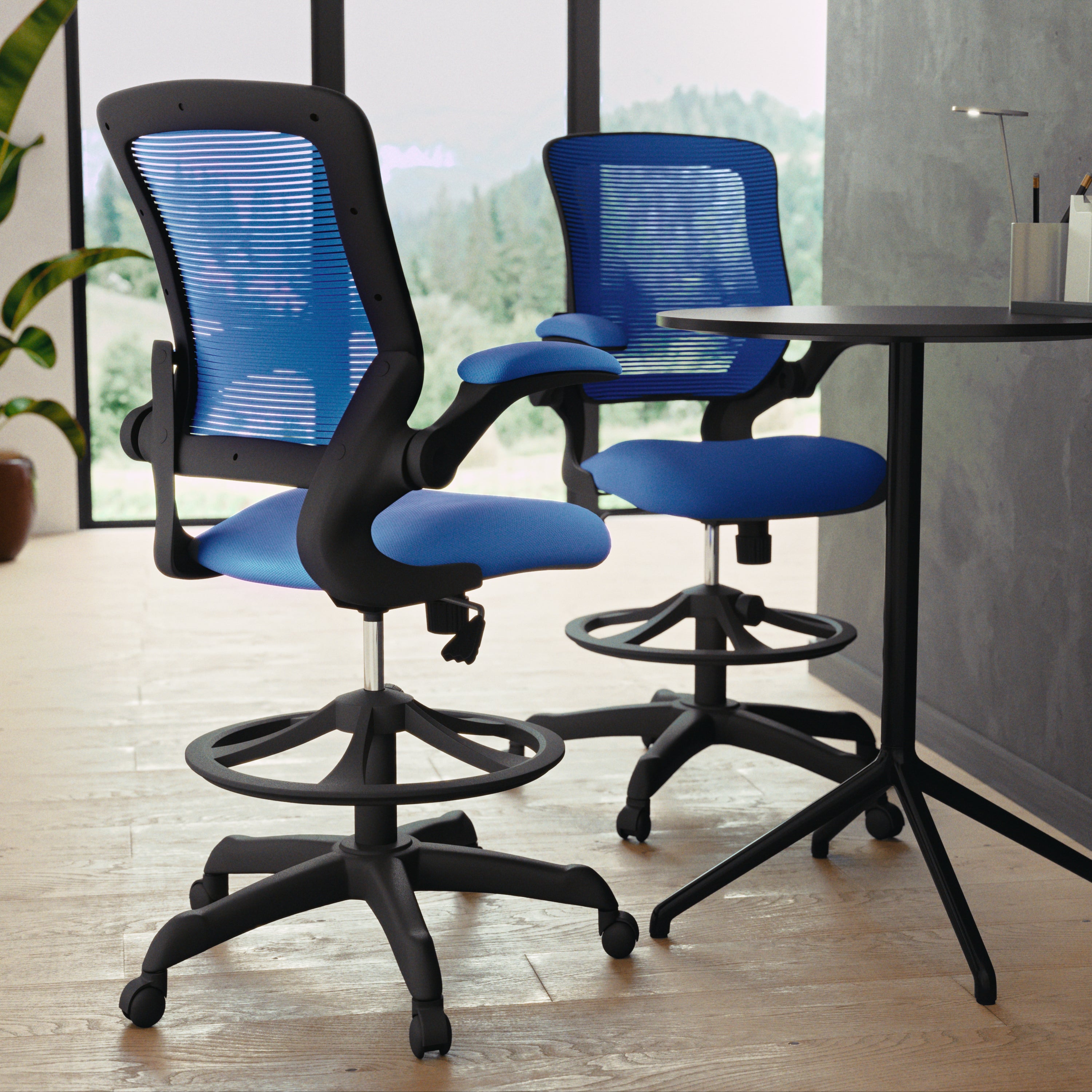 Kale Mid-Back Blue Mesh Ergonomic Drafting Chair with Adjustable Foot Ring and Flip-Up Arms