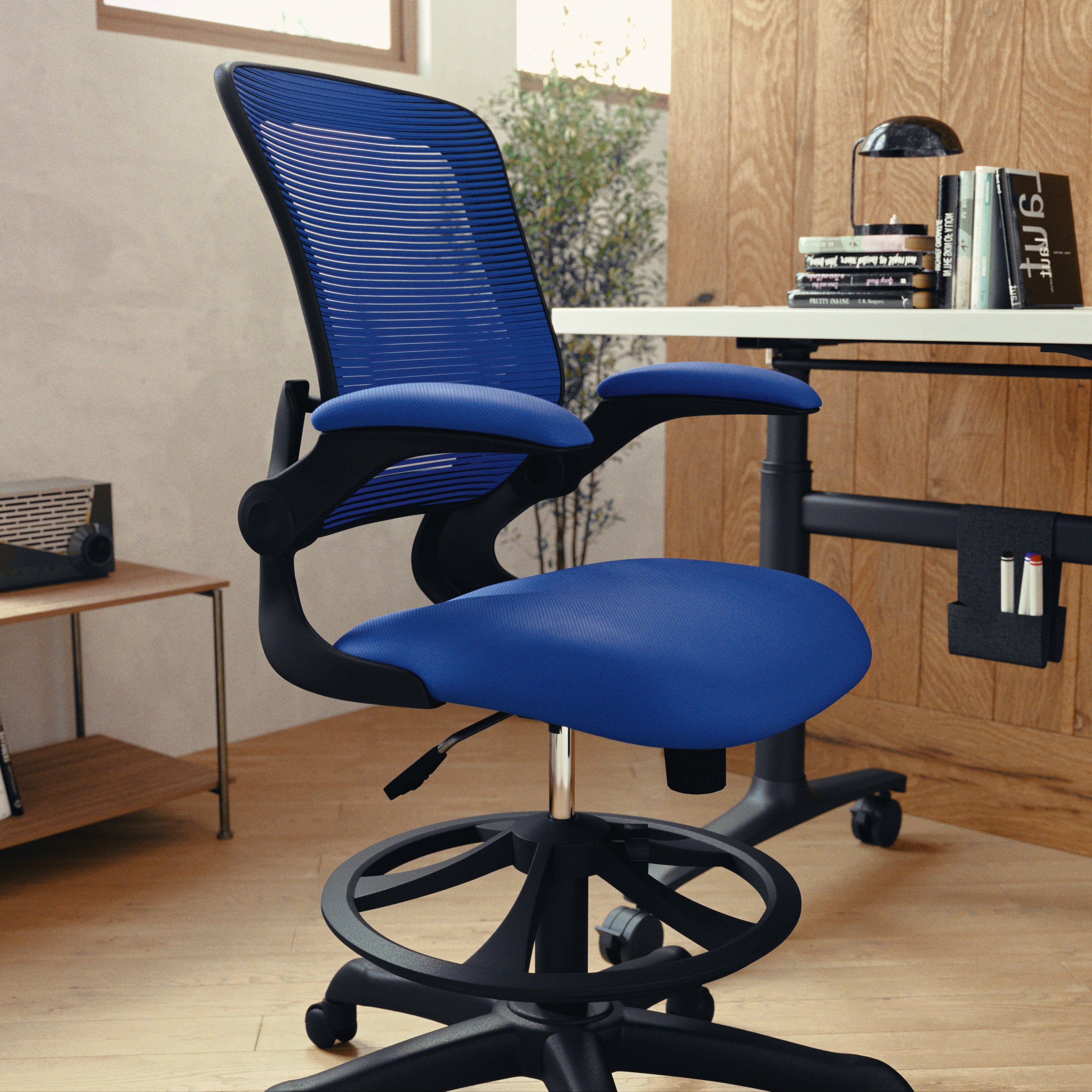 Kale Mid-Back Blue Mesh Ergonomic Drafting Chair with Adjustable Foot Ring and Flip-Up Arms