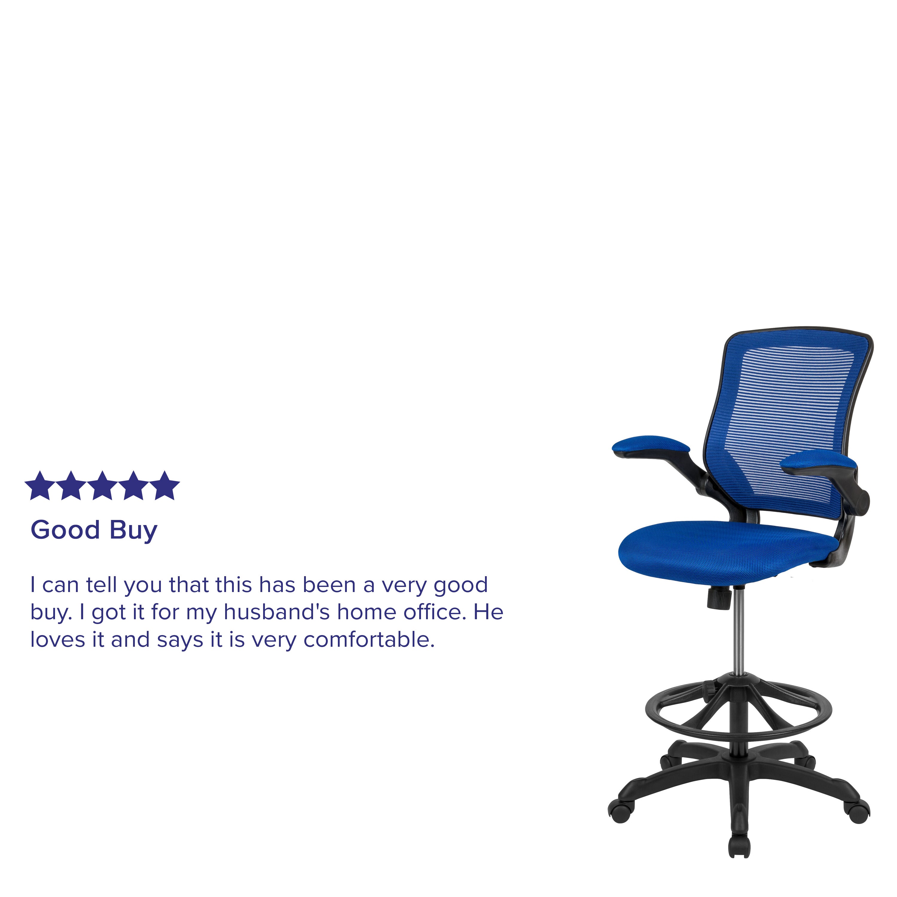 Kale Mid-Back Blue Mesh Ergonomic Drafting Chair with Adjustable Foot Ring and Flip-Up Arms