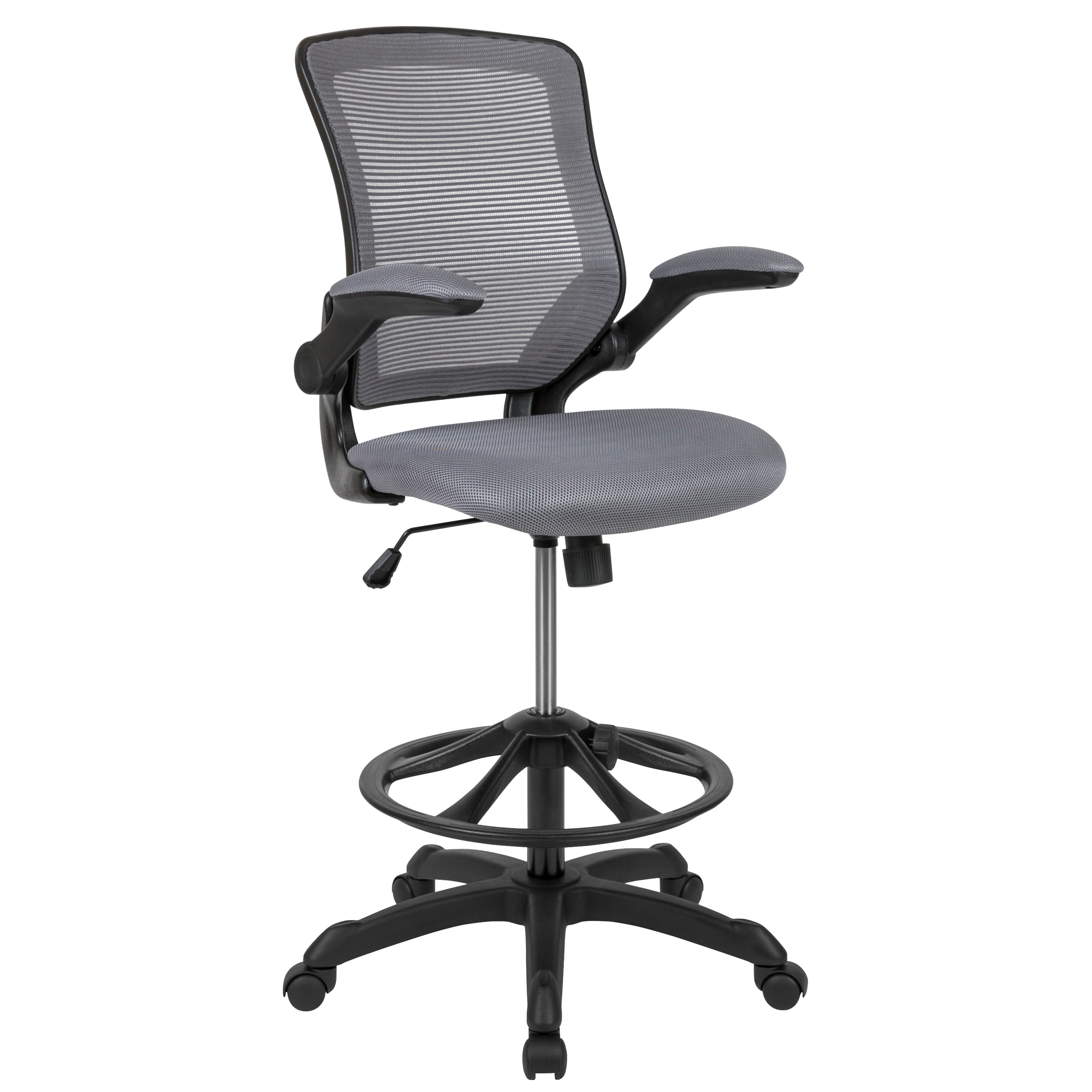 Kale Mid-Back Dark Gray Mesh Ergonomic Drafting Chair with Adjustable Foot Ring and Flip-Up Arms