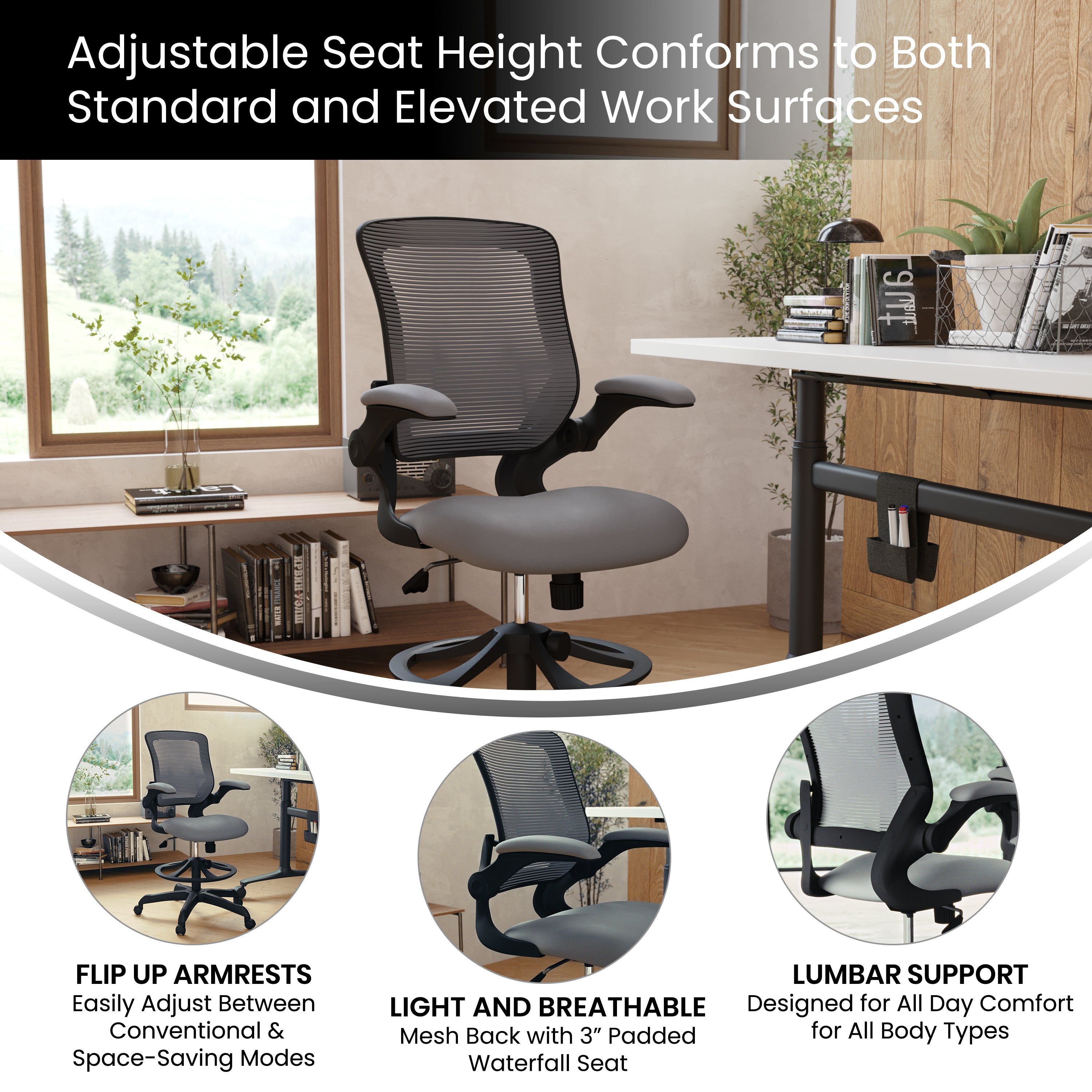 Kale Mid-Back Dark Gray Mesh Ergonomic Drafting Chair with Adjustable Foot Ring and Flip-Up Arms