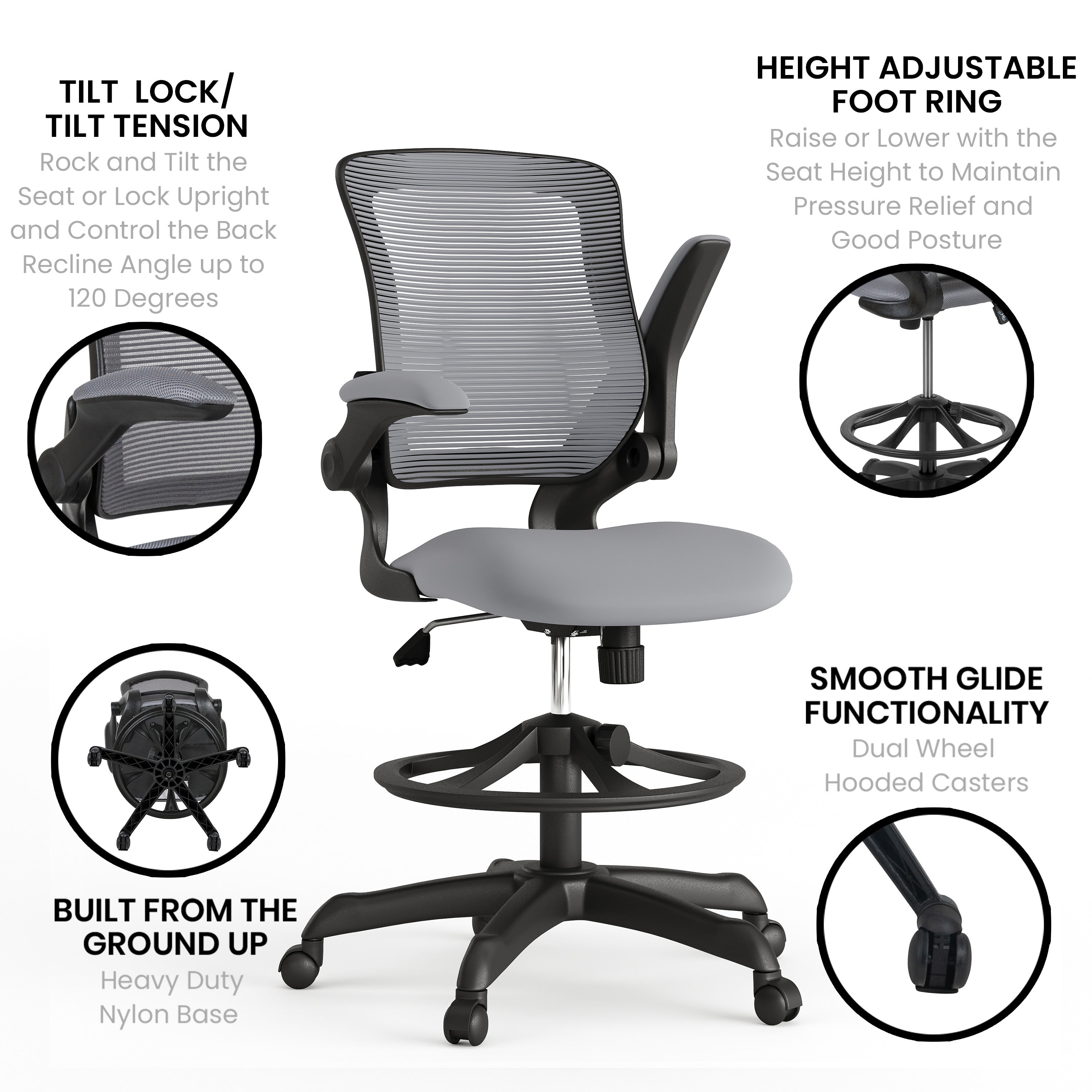 Kale Mid-Back Dark Gray Mesh Ergonomic Drafting Chair with Adjustable Foot Ring and Flip-Up Arms