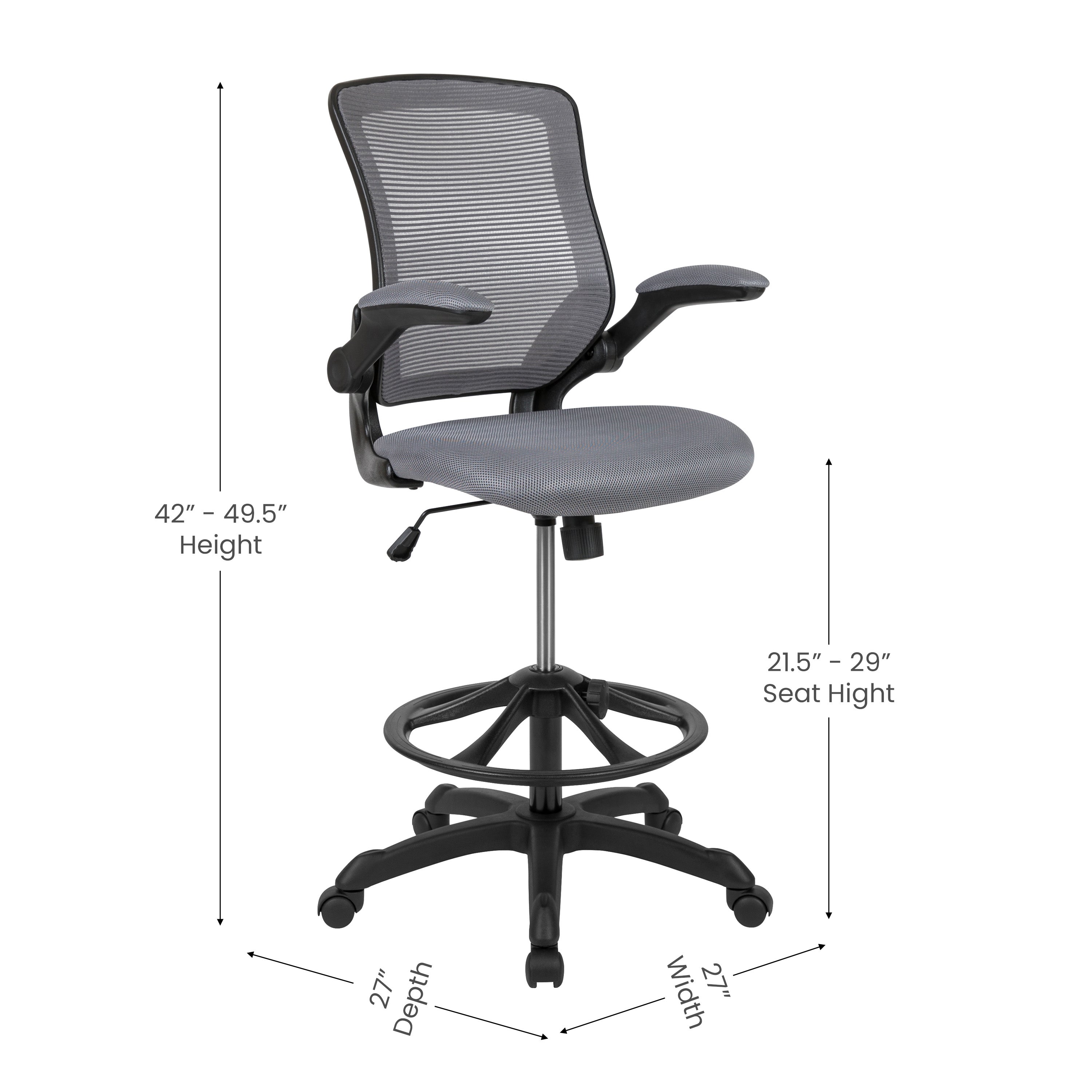 Kale Mid-Back Dark Gray Mesh Ergonomic Drafting Chair with Adjustable Foot Ring and Flip-Up Arms