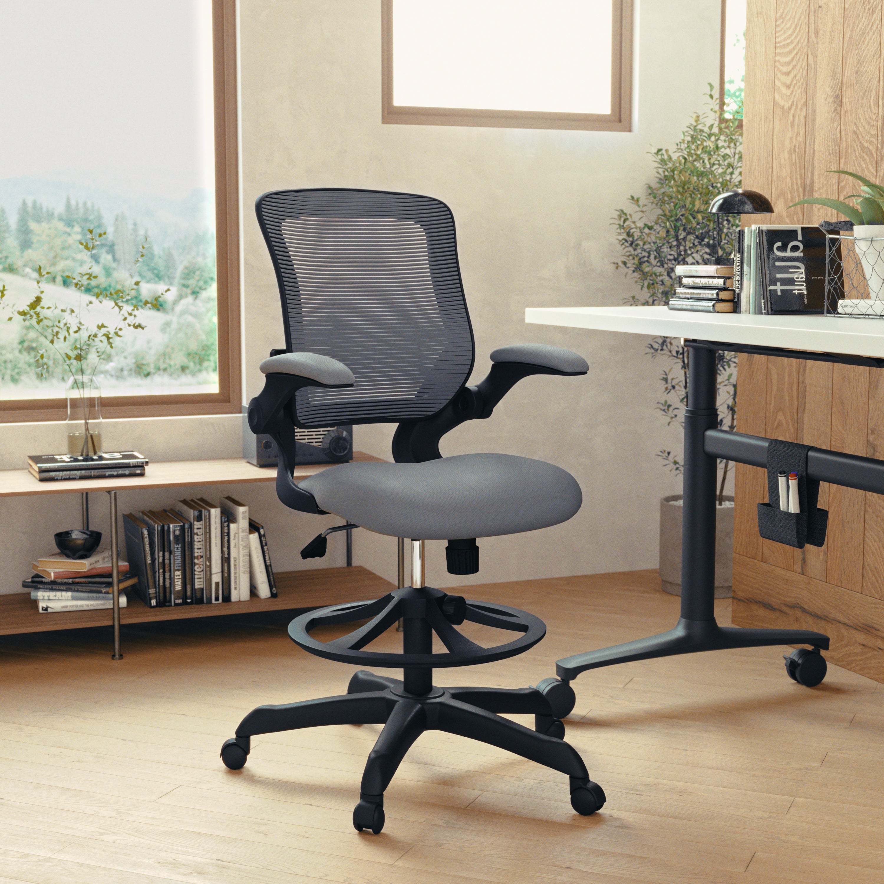 Kale Mid-Back Dark Gray Mesh Ergonomic Drafting Chair with Adjustable Foot Ring and Flip-Up Arms
