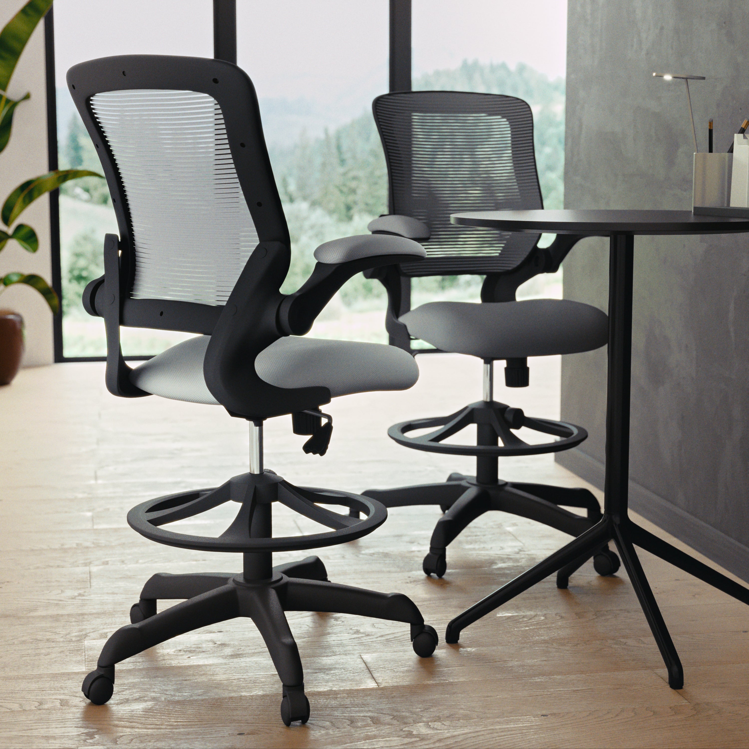 Kale Mid-Back Dark Gray Mesh Ergonomic Drafting Chair with Adjustable Foot Ring and Flip-Up Arms