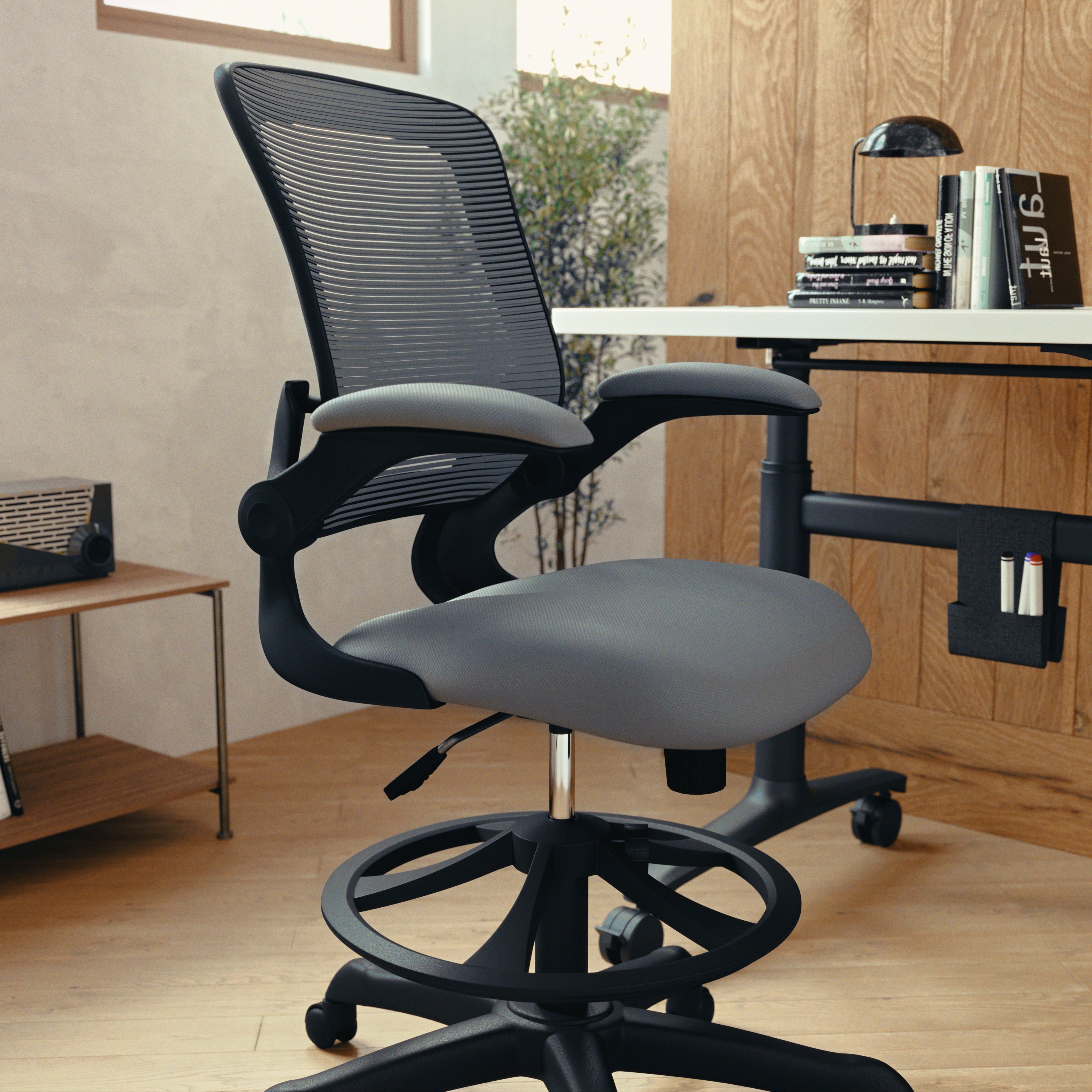 Kale Mid-Back Dark Gray Mesh Ergonomic Drafting Chair with Adjustable Foot Ring and Flip-Up Arms