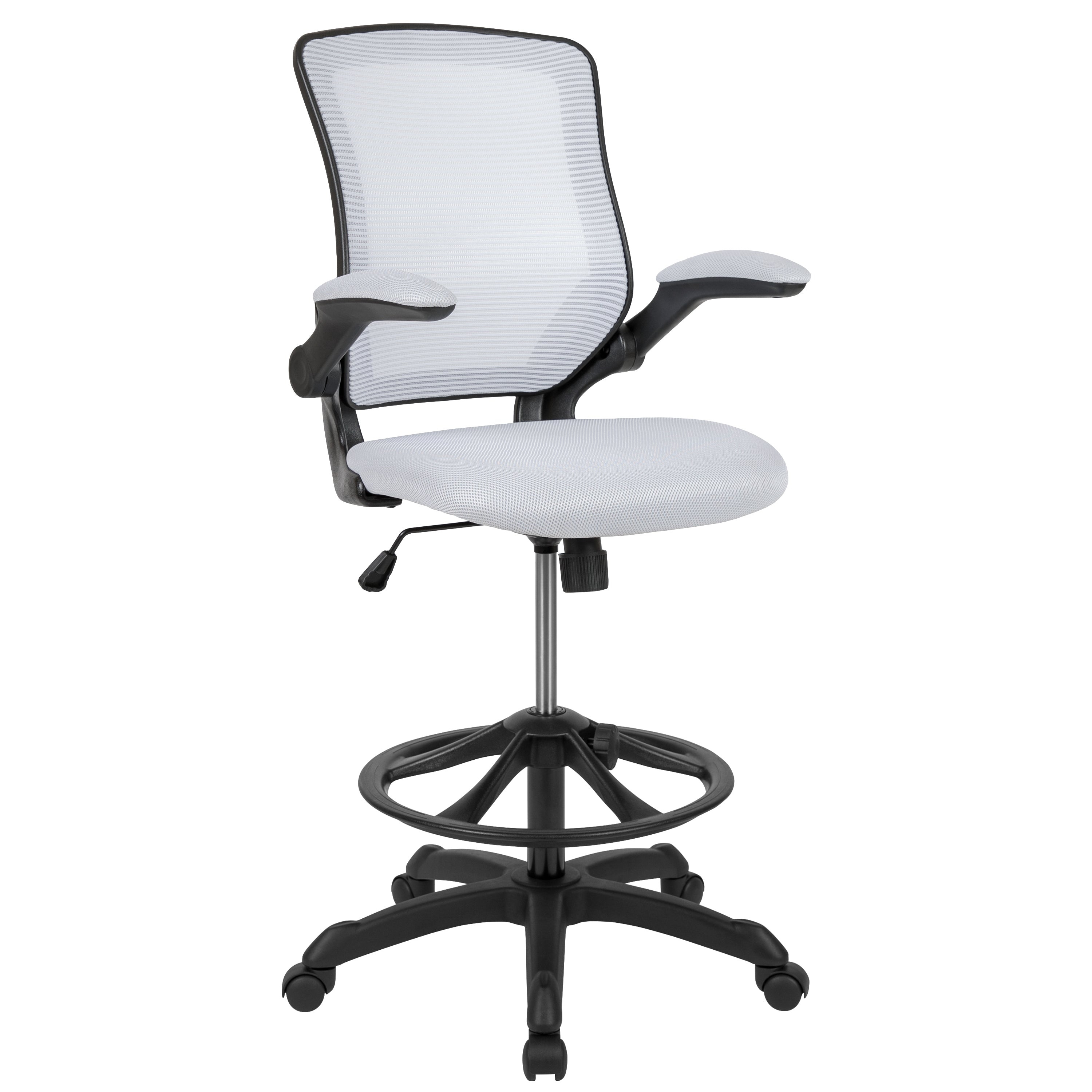 Kale Mid-Back White Mesh Ergonomic Drafting Chair with Adjustable Foot Ring and Flip-Up Arms