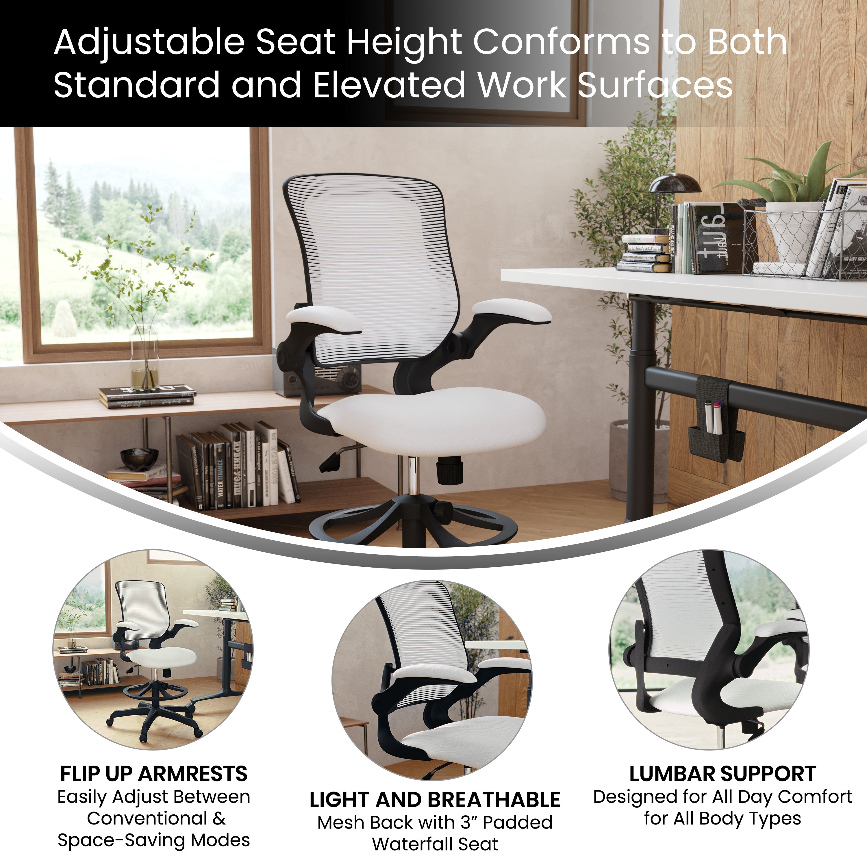 Kale Mid-Back White Mesh Ergonomic Drafting Chair with Adjustable Foot Ring and Flip-Up Arms