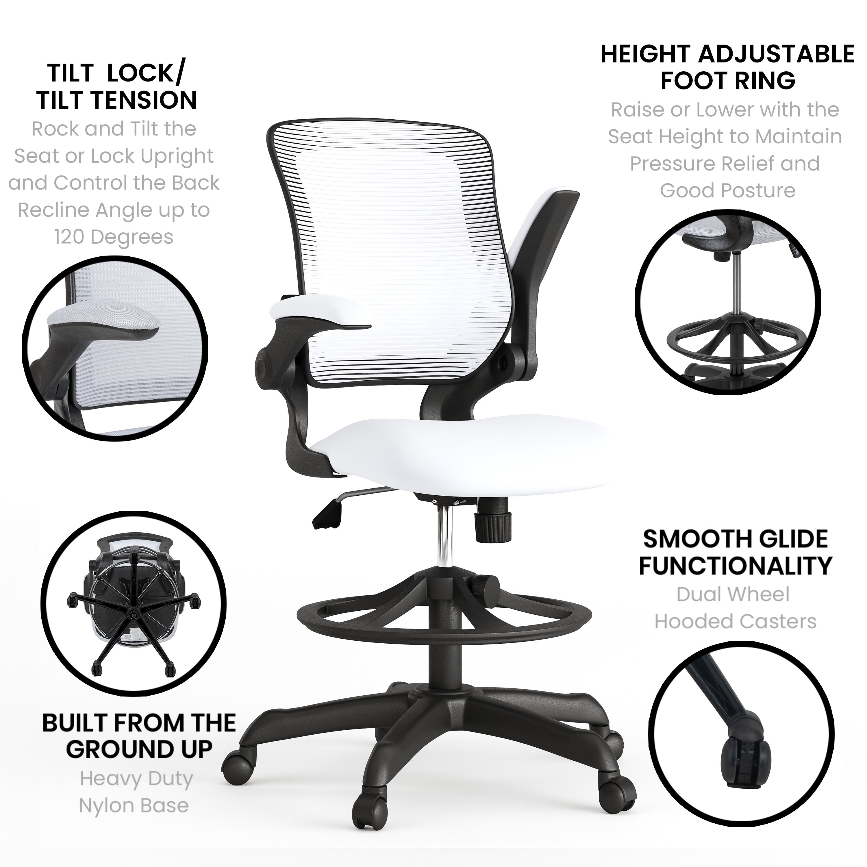 Kale Mid-Back White Mesh Ergonomic Drafting Chair with Adjustable Foot Ring and Flip-Up Arms