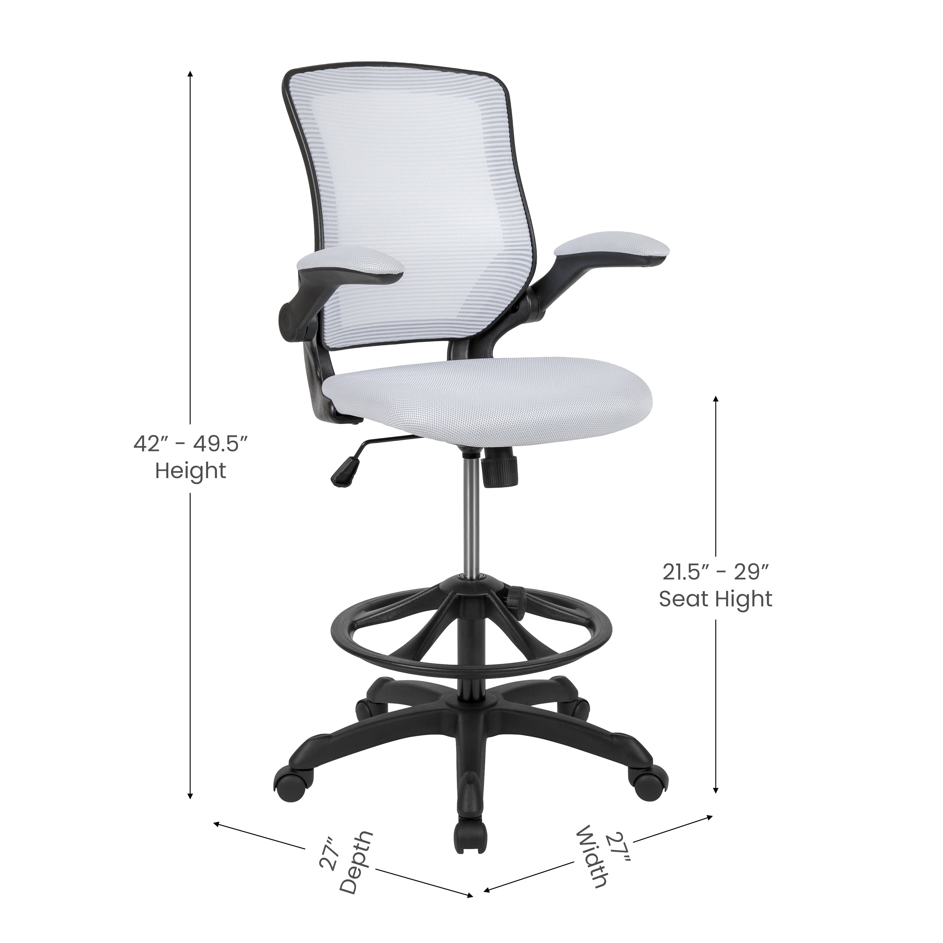 Kale Mid-Back White Mesh Ergonomic Drafting Chair with Adjustable Foot Ring and Flip-Up Arms