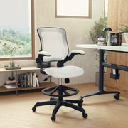 Kale Mid-Back White Mesh Ergonomic Drafting Chair with Adjustable Foot Ring and Flip-Up Arms