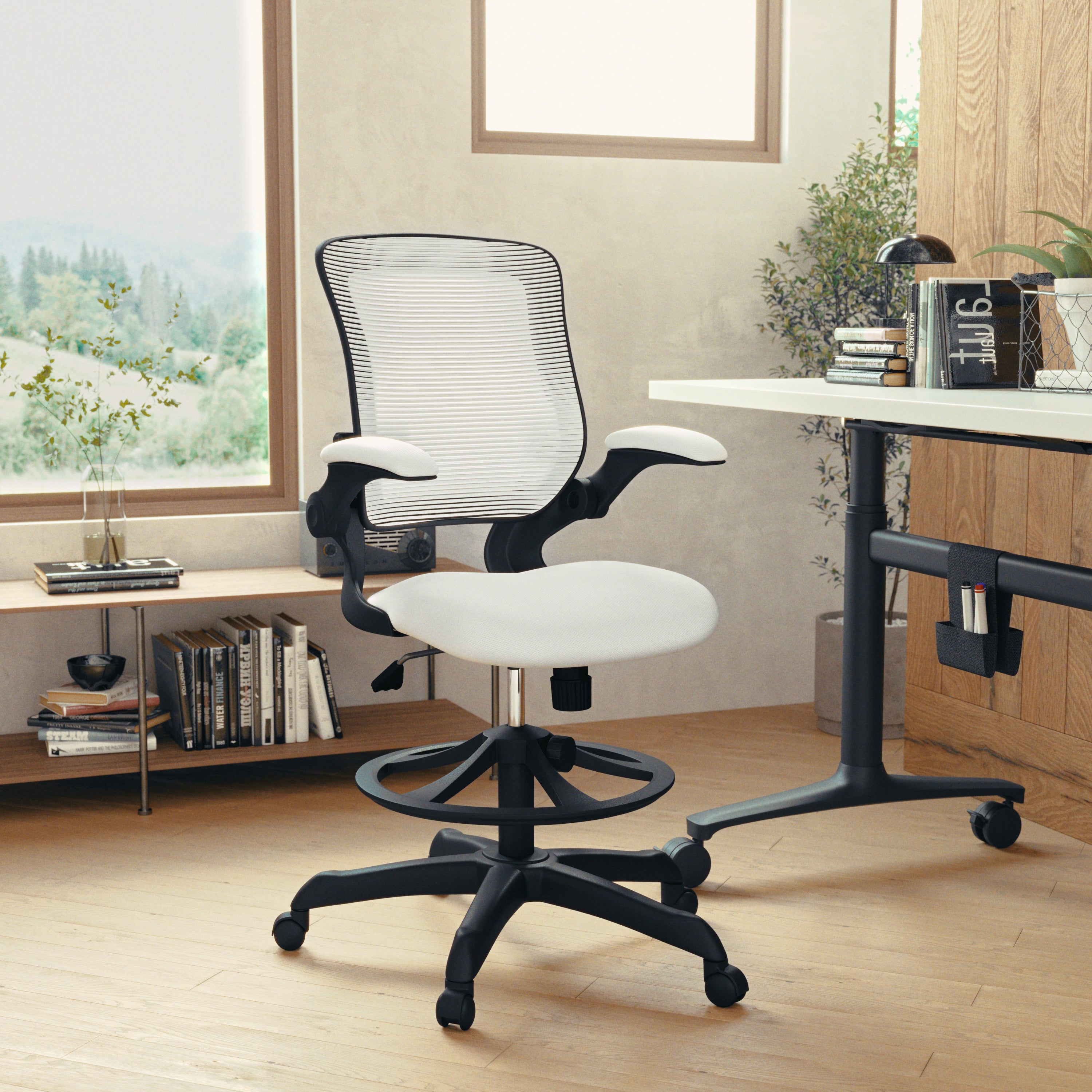 Kale Mid-Back White Mesh Ergonomic Drafting Chair with Adjustable Foot Ring and Flip-Up Arms