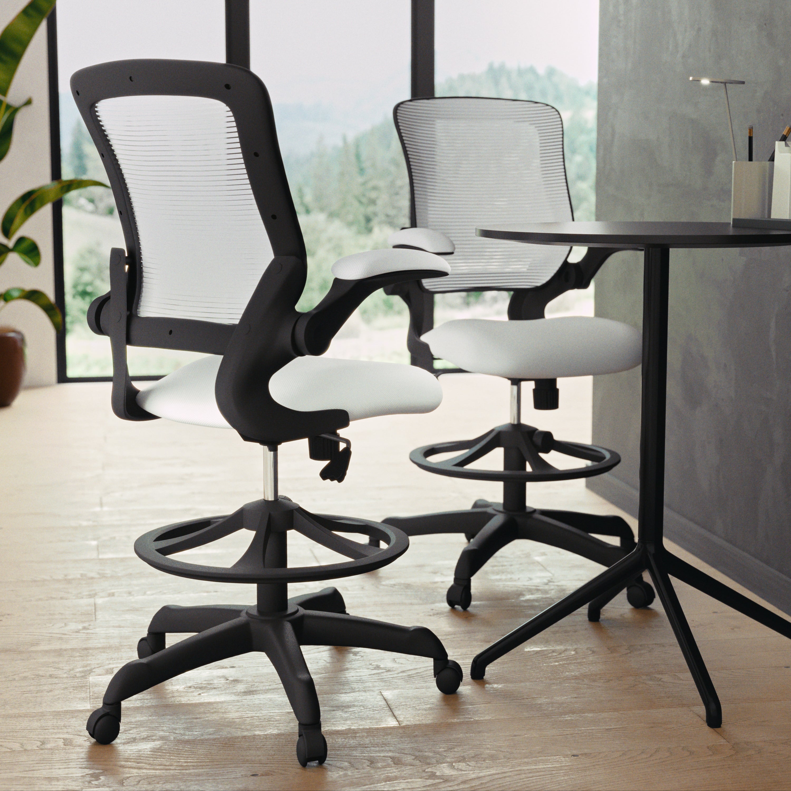 Kale Mid-Back White Mesh Ergonomic Drafting Chair with Adjustable Foot Ring and Flip-Up Arms
