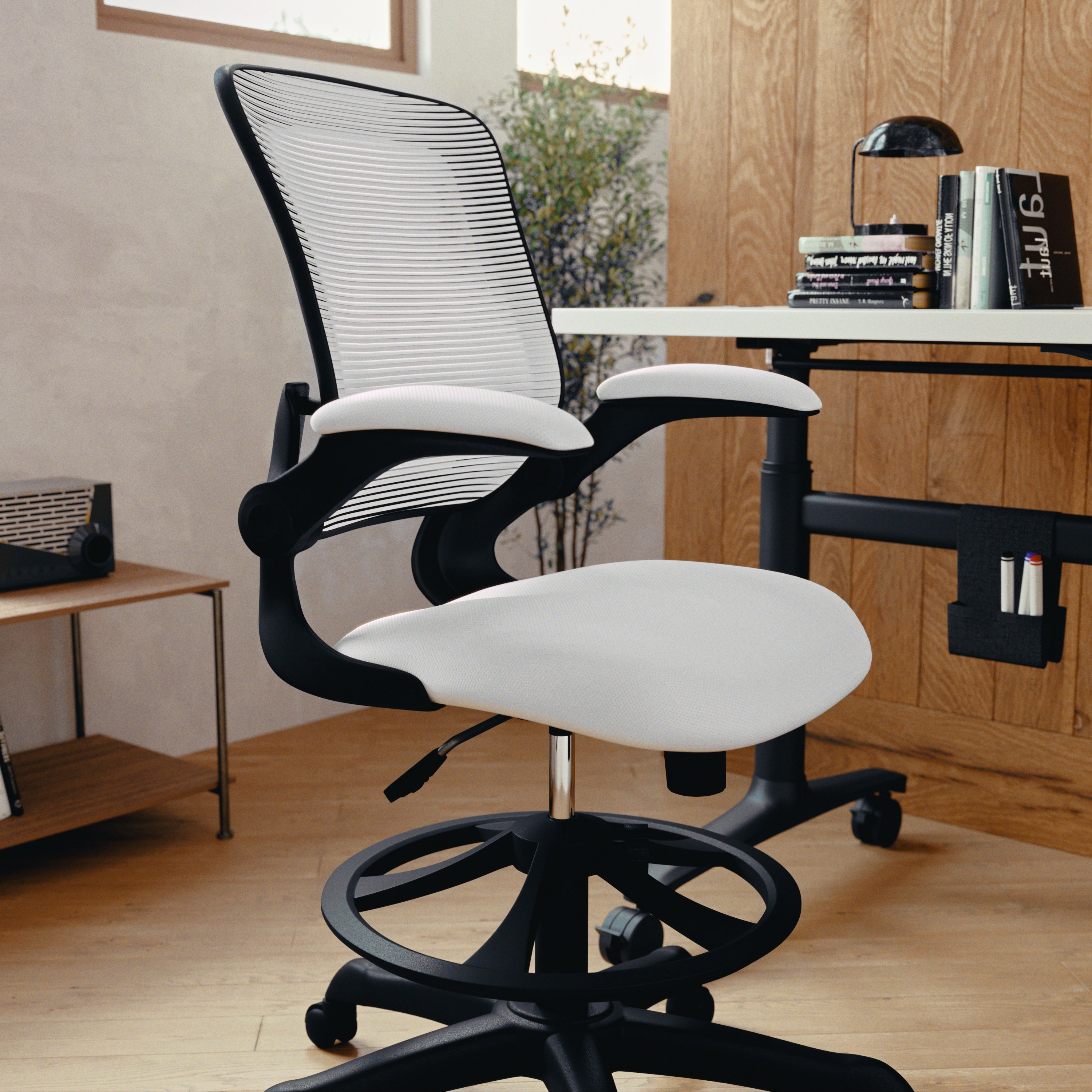 Kale Mid-Back White Mesh Ergonomic Drafting Chair with Adjustable Foot Ring and Flip-Up Arms