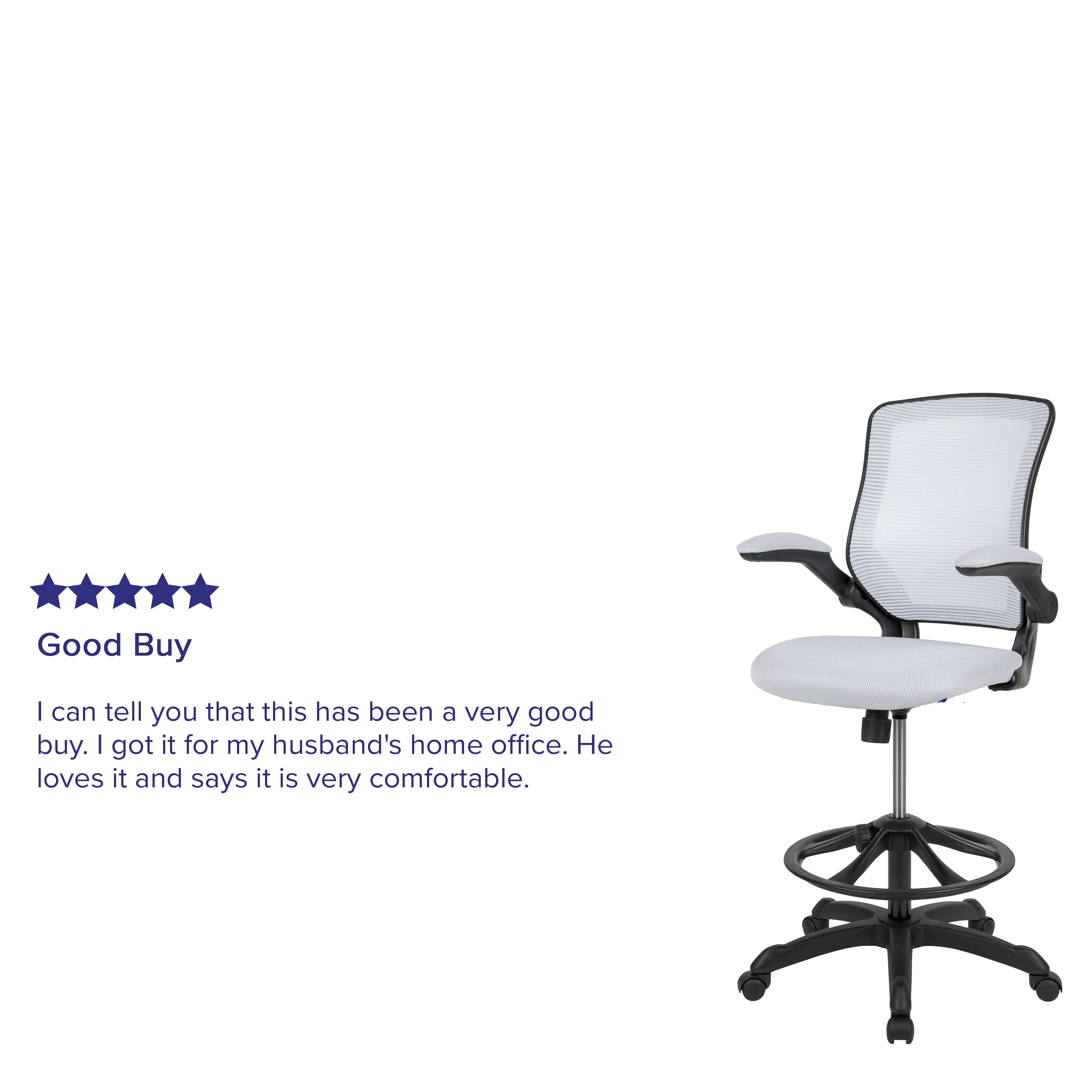 Kale Mid-Back White Mesh Ergonomic Drafting Chair with Adjustable Foot Ring and Flip-Up Arms