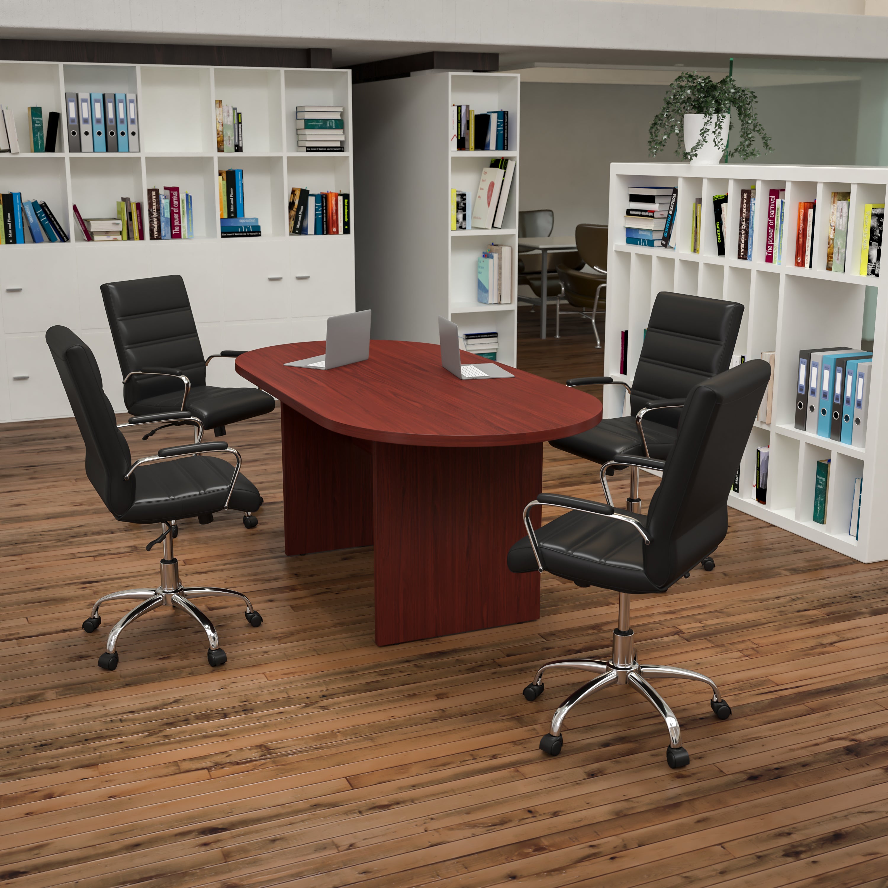 Lake 5 Piece Cherry Oval Conference Table Set with 4 Black and Chrome LeatherSoft Executive Chairs