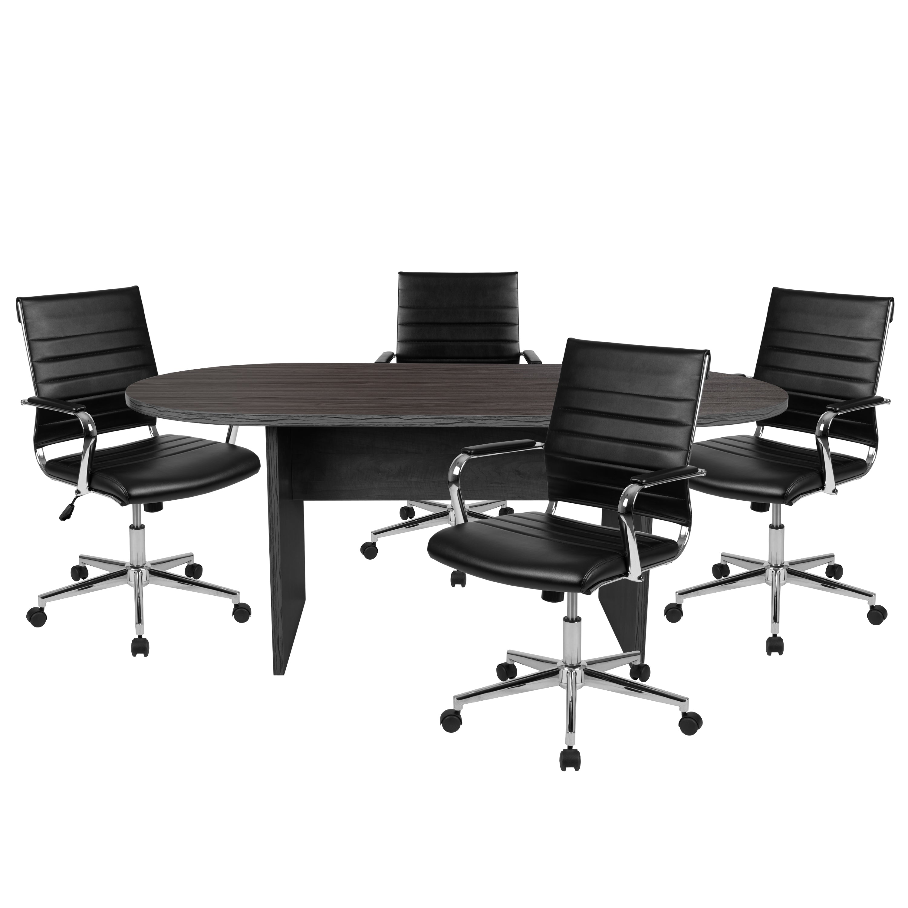 Lake 5 Piece Rustic Gray Oval Conference Table Set with 4 Black LeatherSoft Ribbed Executive Chairs