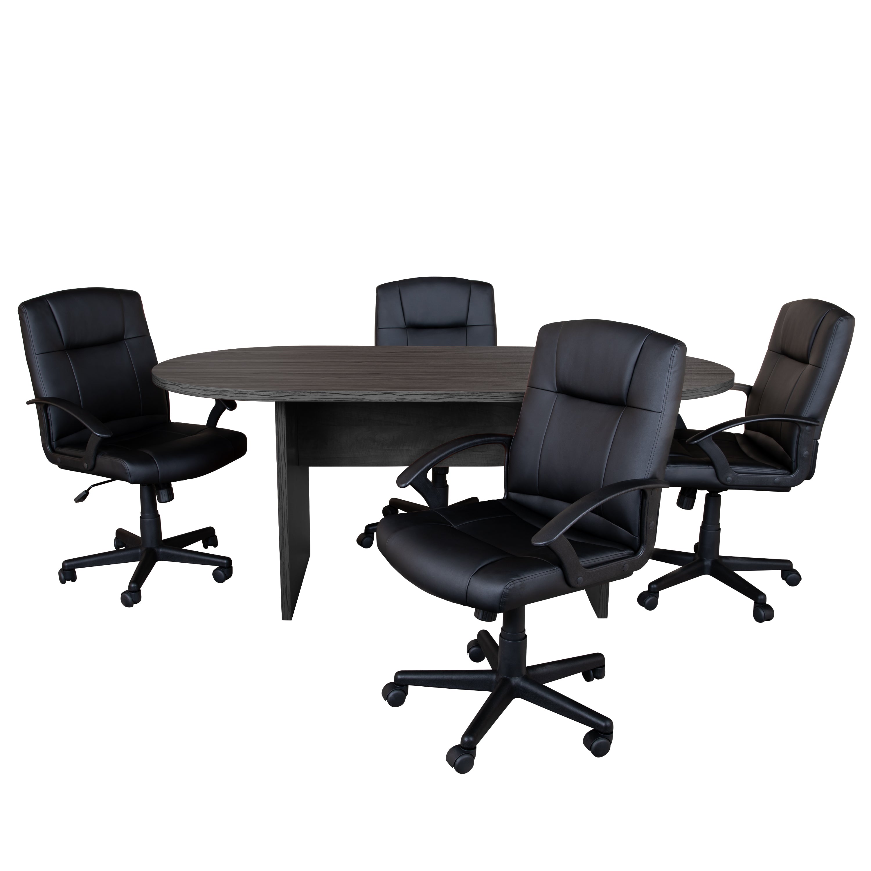 Lake 5 Piece Rustic Gray Oval Conference Table Set with 4 Black LeatherSoft-Padded Task Chairs