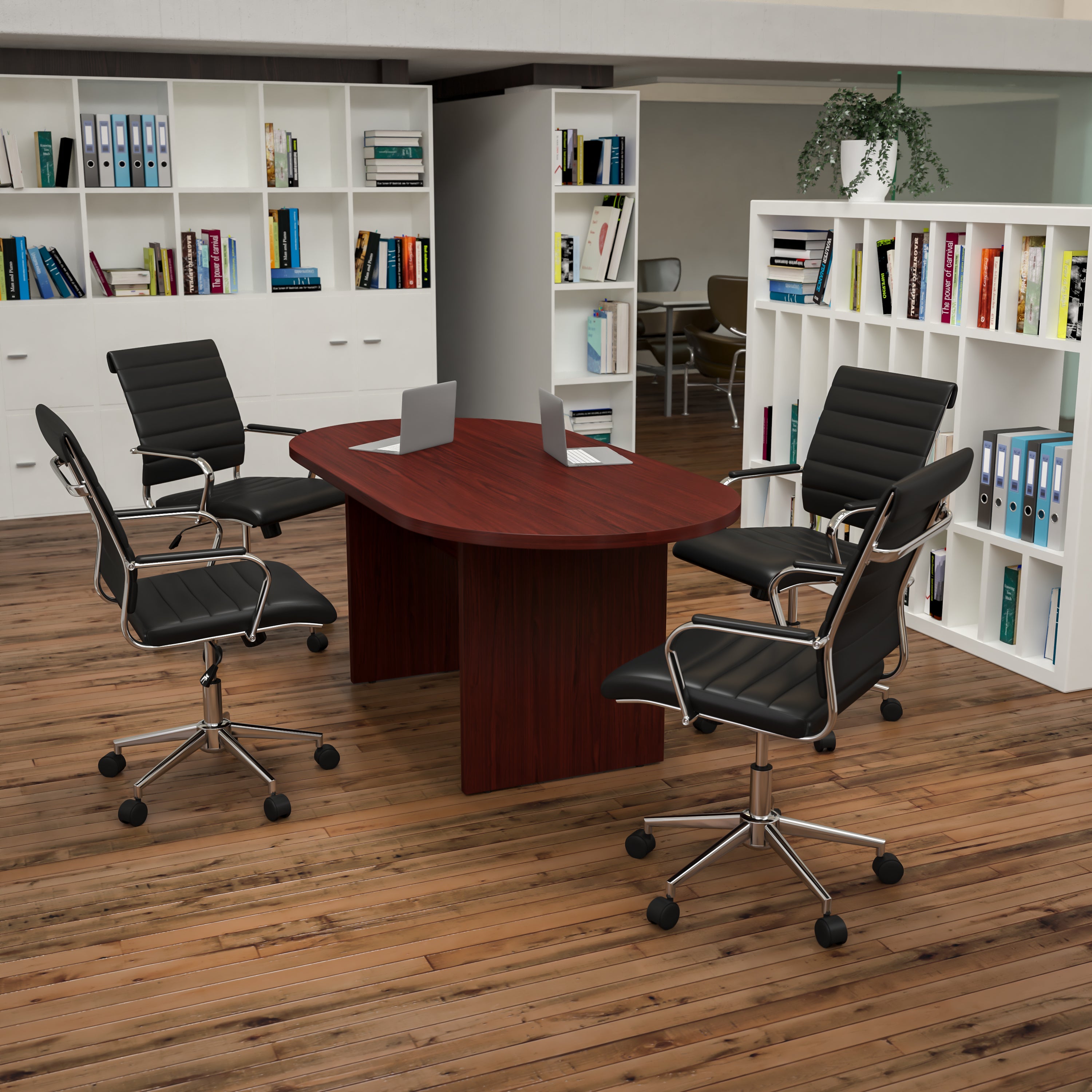 Lake 5 Piece Mahogany Oval Conference Table Set with 4 Black LeatherSoft Ribbed Executive Chairs