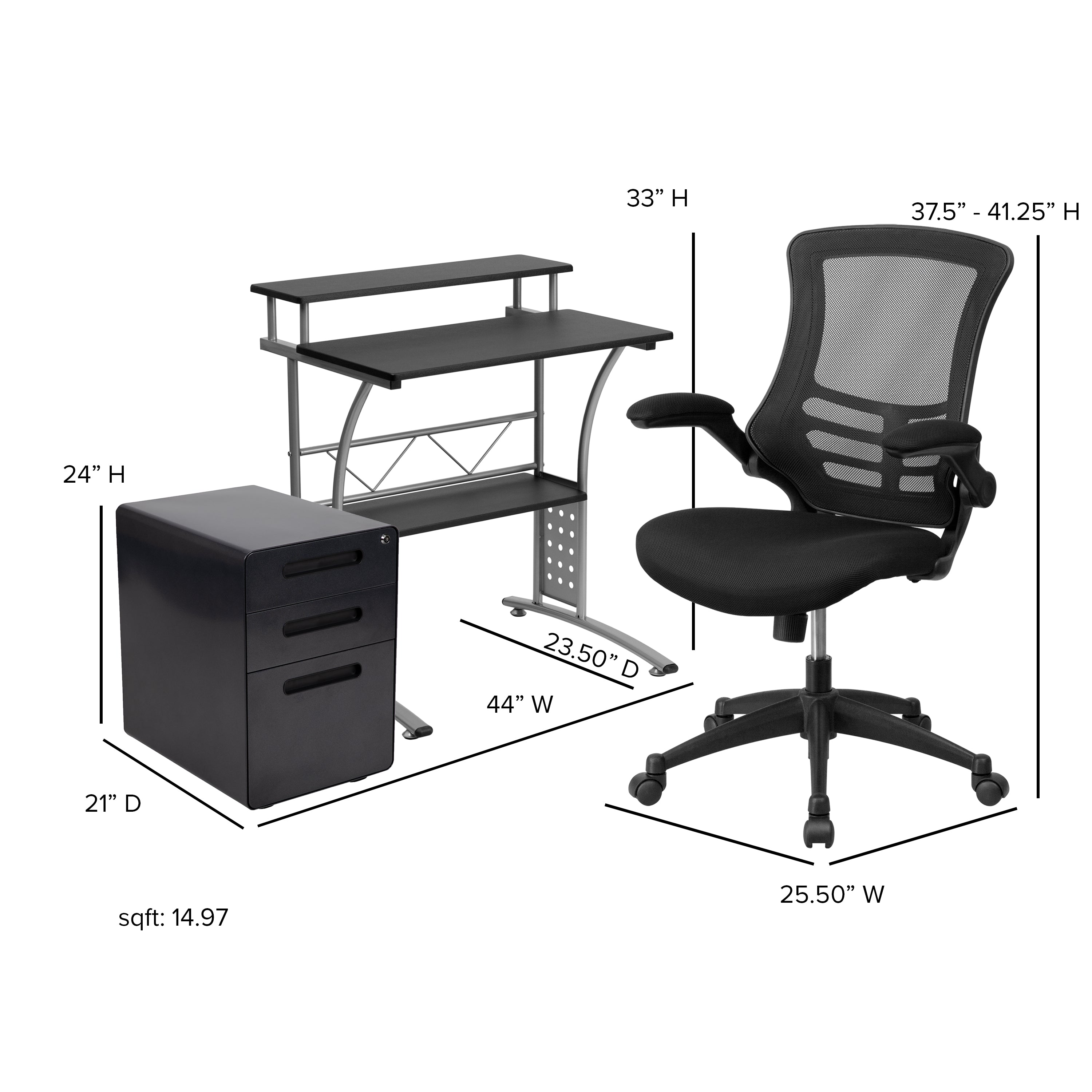 Calder Work From Home Kit - Black Computer Desk, Ergonomic Mesh Office Chair and Locking Mobile Filing Cabinet with Inset Handles