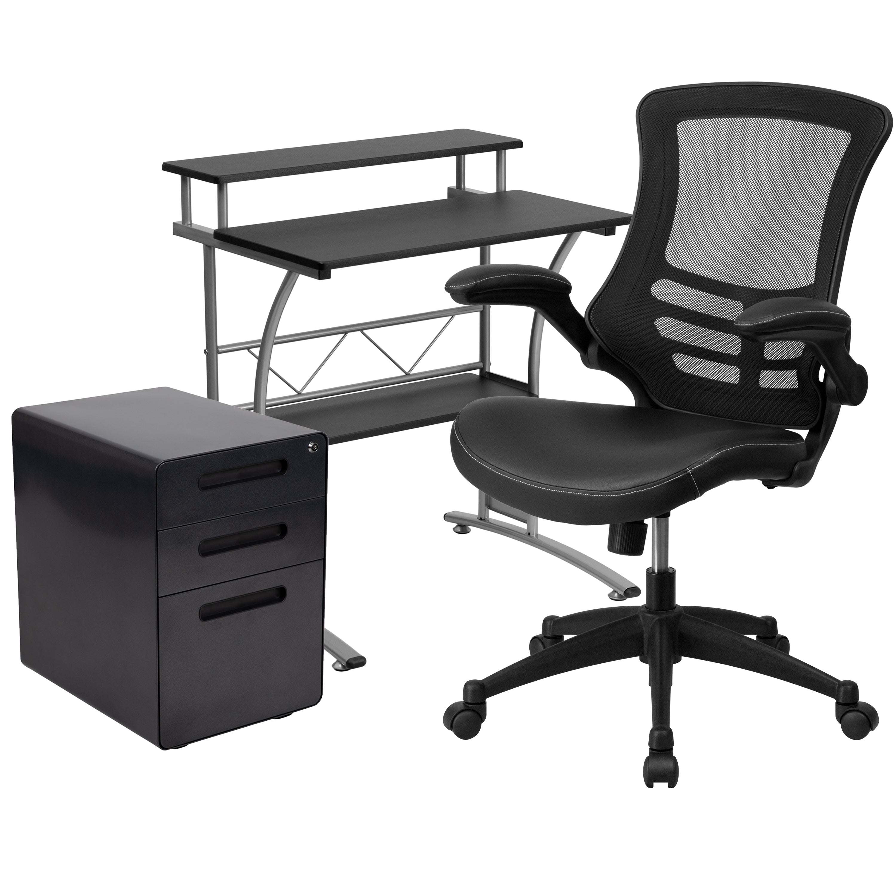 Calder Work From Home Kit - Black Computer Desk, Ergonomic Mesh/LeatherSoft Office Chair and Locking Mobile Filing Cabinet