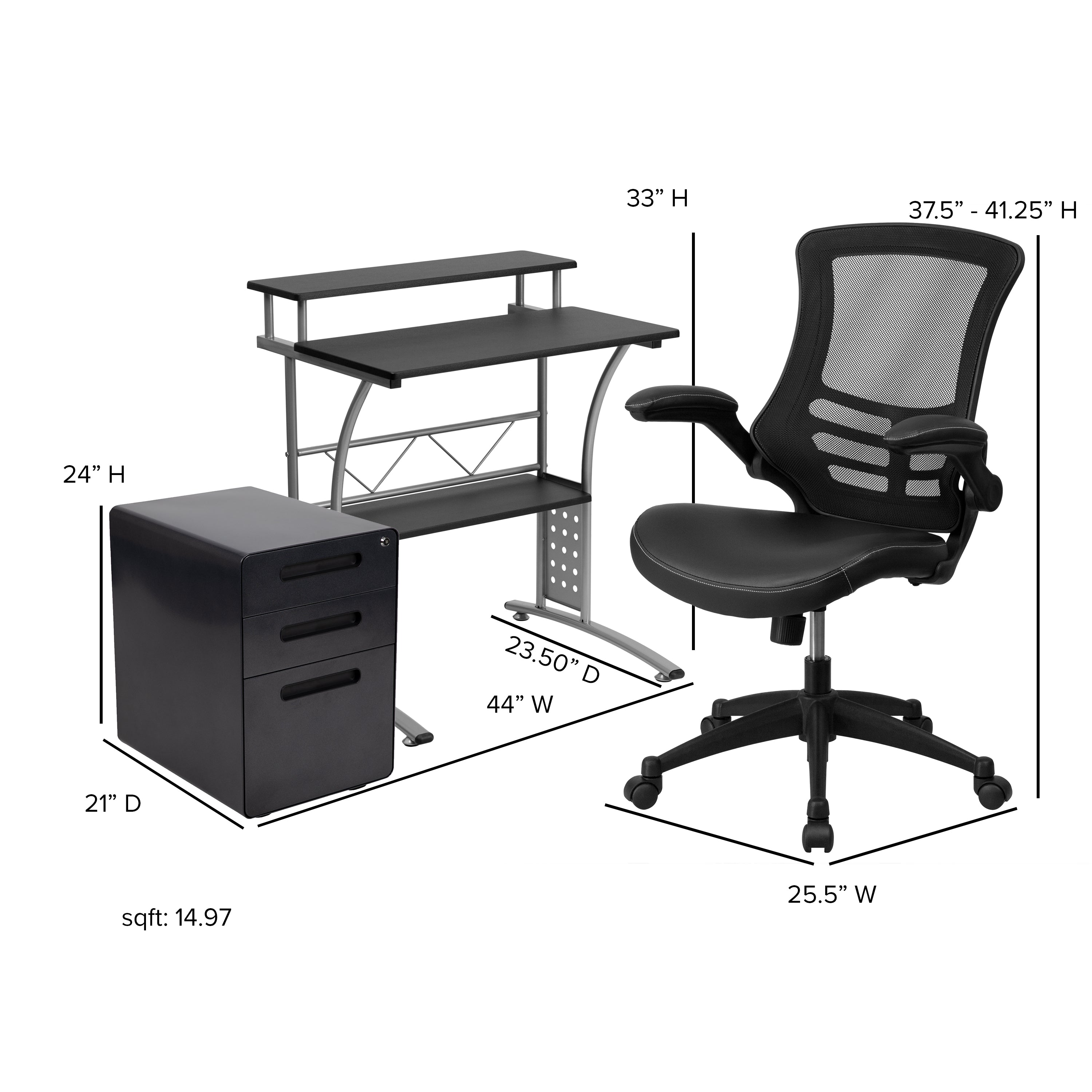 Calder Work From Home Kit - Black Computer Desk, Ergonomic Mesh/LeatherSoft Office Chair and Locking Mobile Filing Cabinet