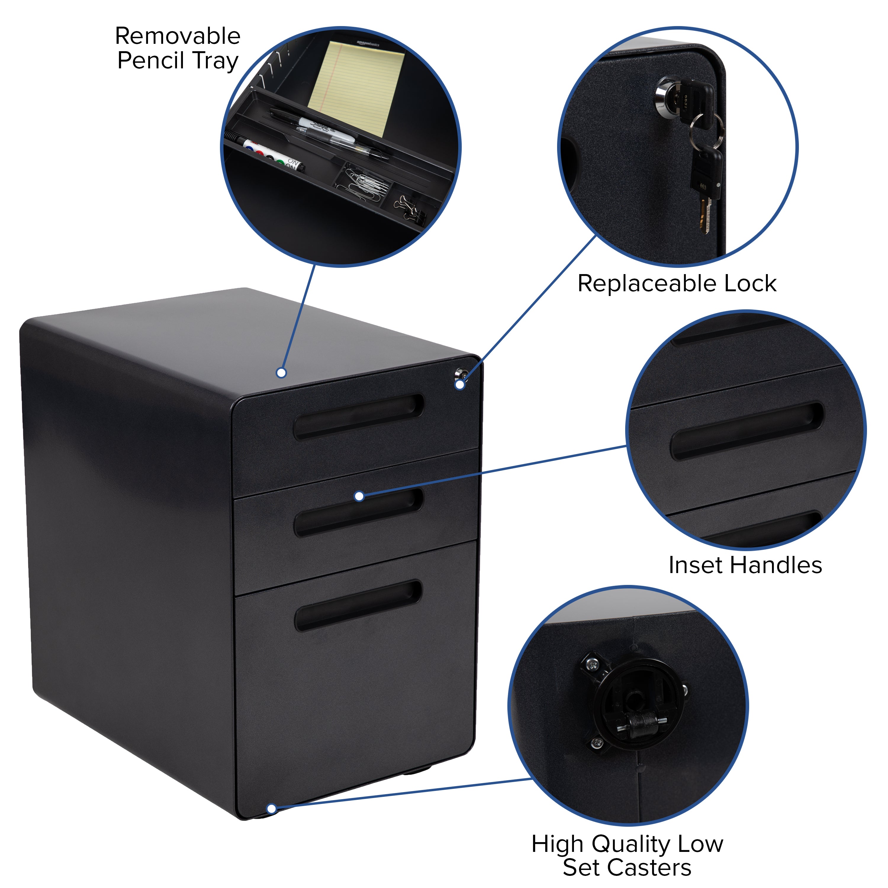 Calder Work From Home Kit - Black Computer Desk, Ergonomic Mesh/LeatherSoft Office Chair and Locking Mobile Filing Cabinet