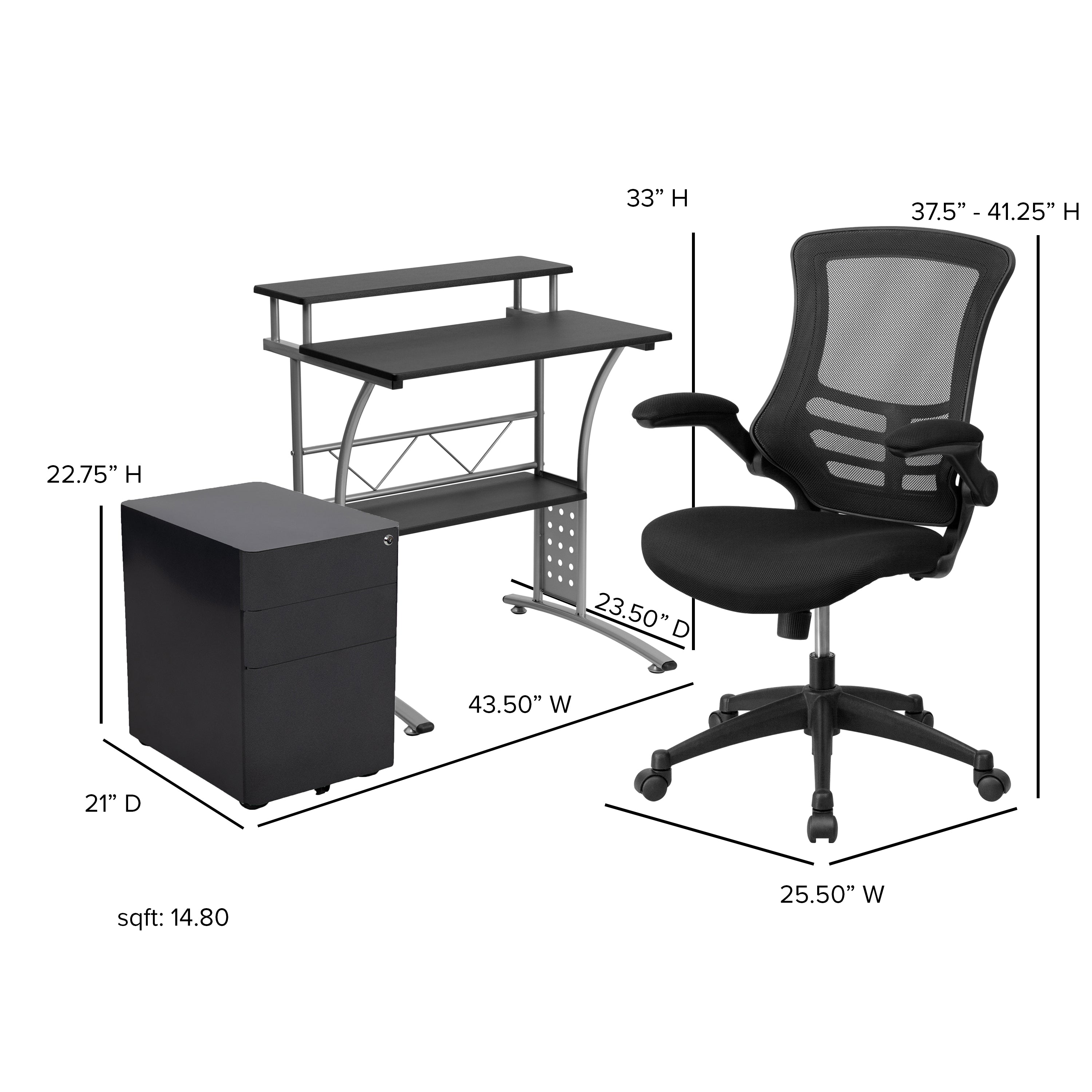 Calder Work From Home Kit - Black Computer Desk, Ergonomic Mesh Office Chair and Locking Mobile Filing Cabinet with Side Handles