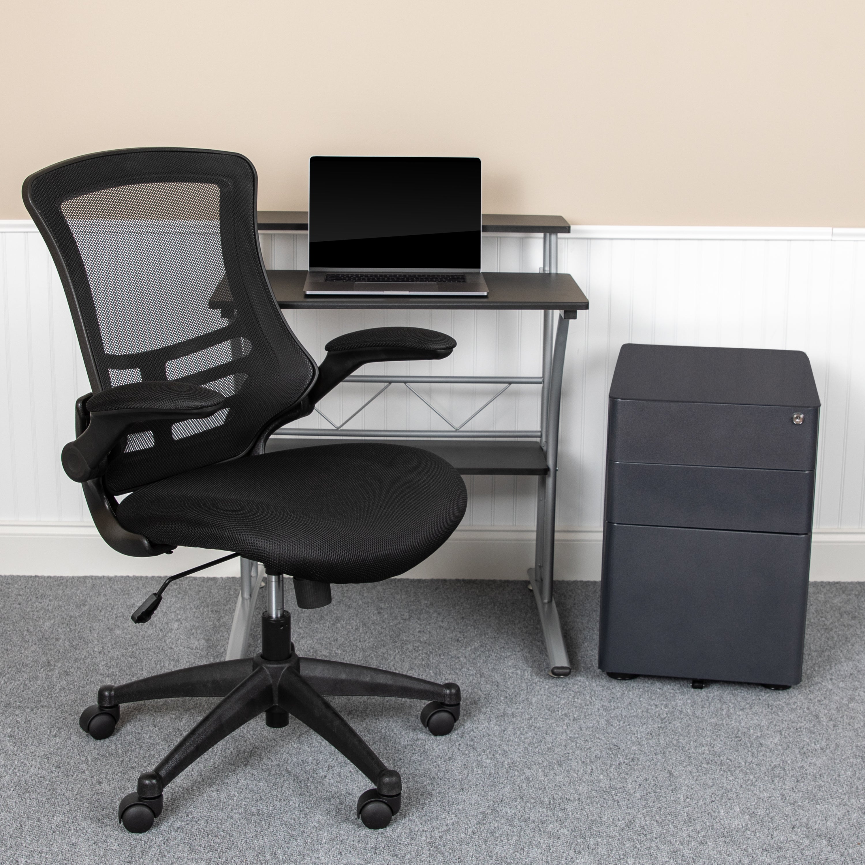 Calder Work From Home Kit - Black Computer Desk, Ergonomic Mesh Office Chair and Locking Mobile Filing Cabinet with Side Handles