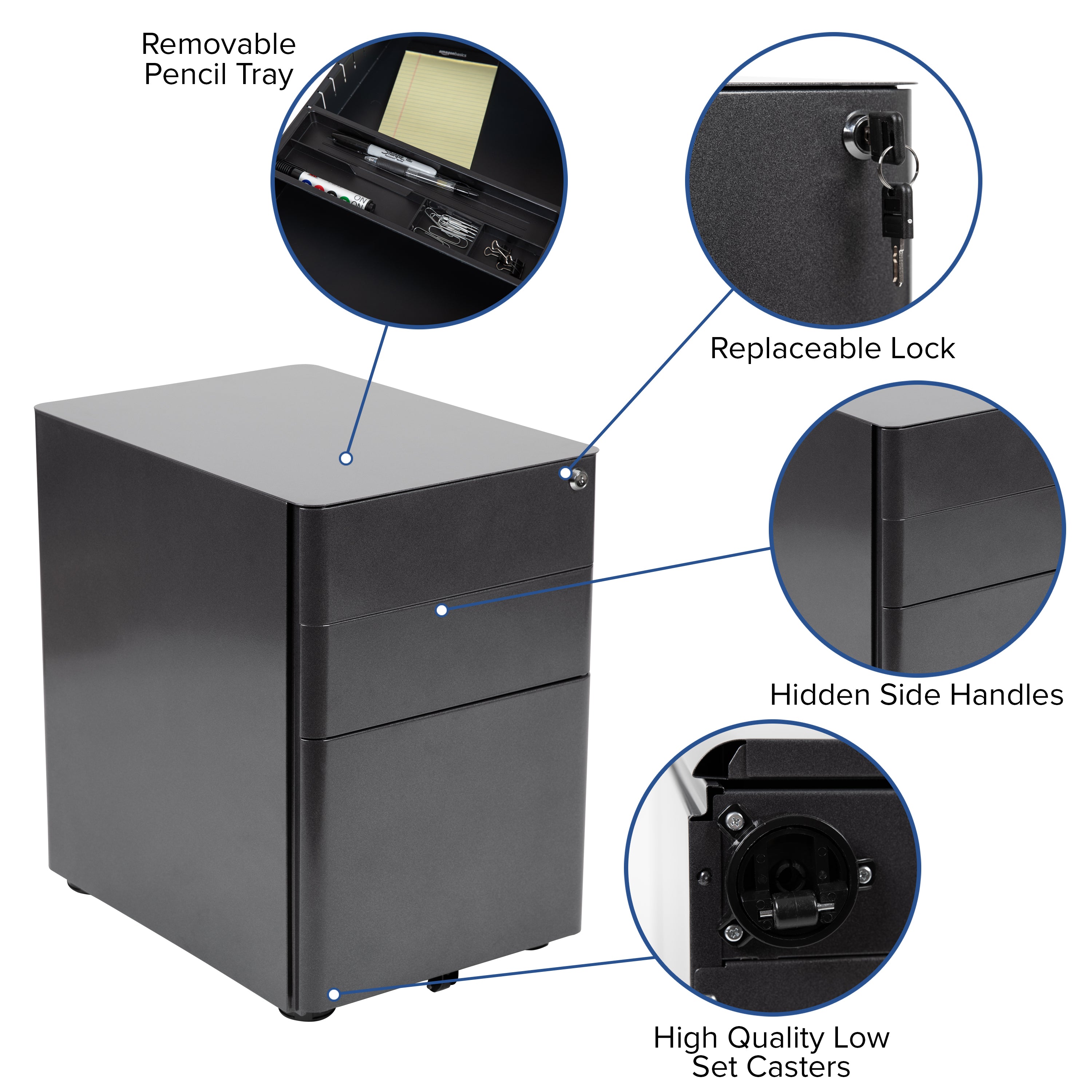 Calder Work From Home Kit - Black Computer Desk, Ergonomic Mesh Office Chair and Locking Mobile Filing Cabinet with Side Handles