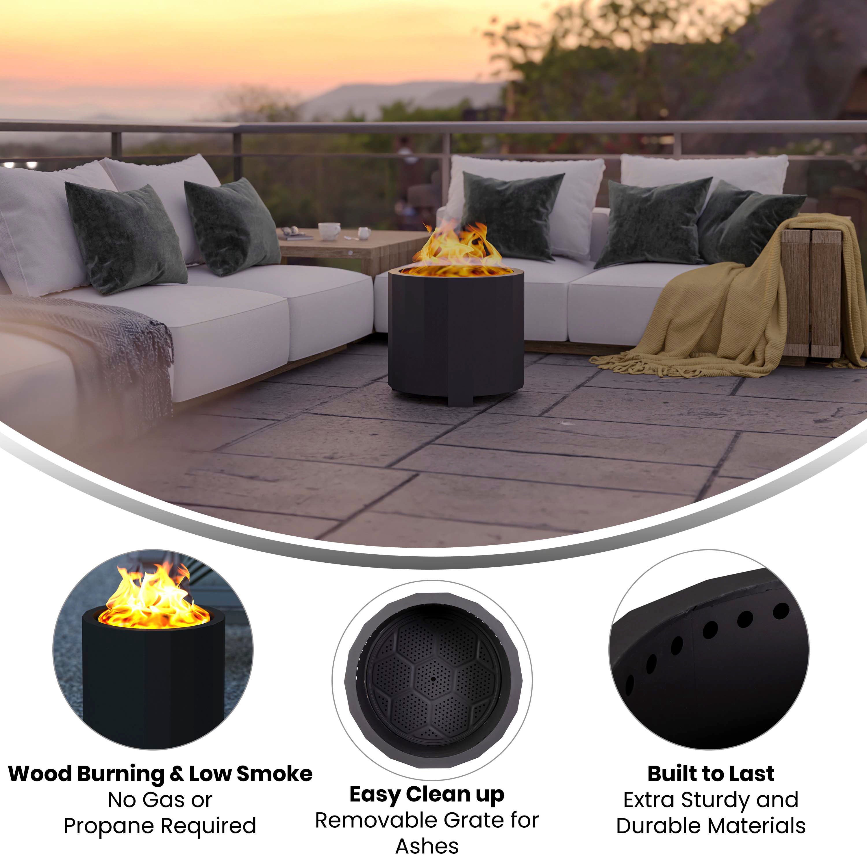 Titus Commercial Grade 19.5 inch Smokeless Outdoor Firepit, Natural Wood Burning Portable Fire Pit With Waterproof Cover, Black