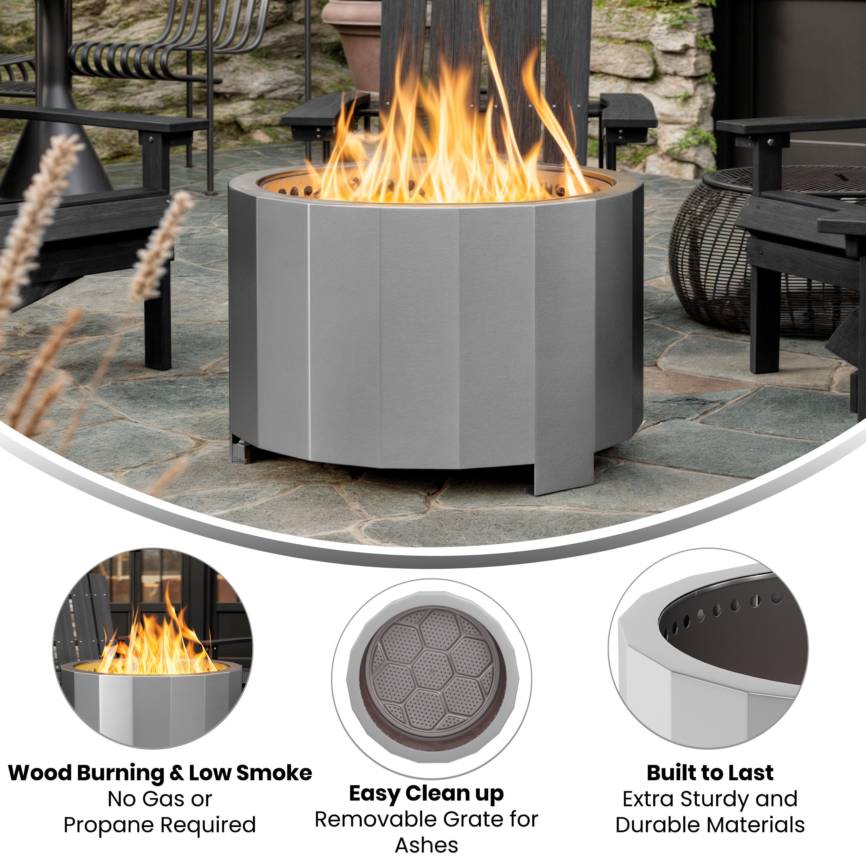 Titus Commercial Grade 27 inch Smokeless Outdoor Firepit, Natural Wood Burning Portable Fire Pit With Waterproof Cover, Stainless Steel