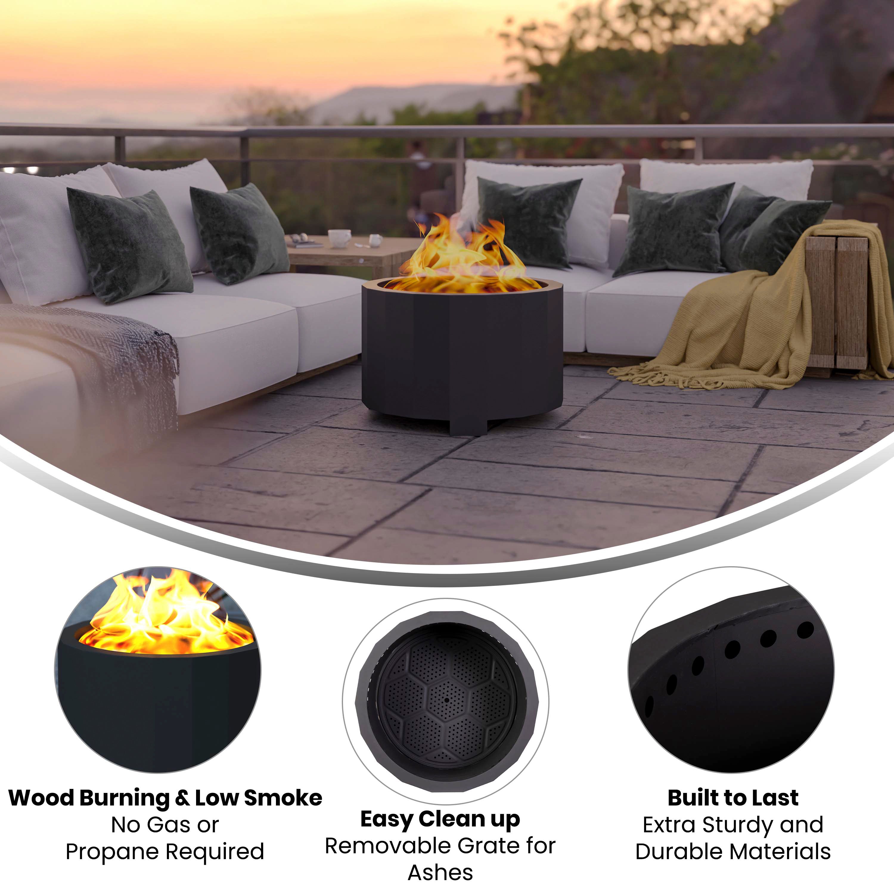 Titus Commercial Grade 27 inch Smokeless Outdoor Firepit, Natural Wood Burning Portable Fire Pit With Waterproof Cover, Black