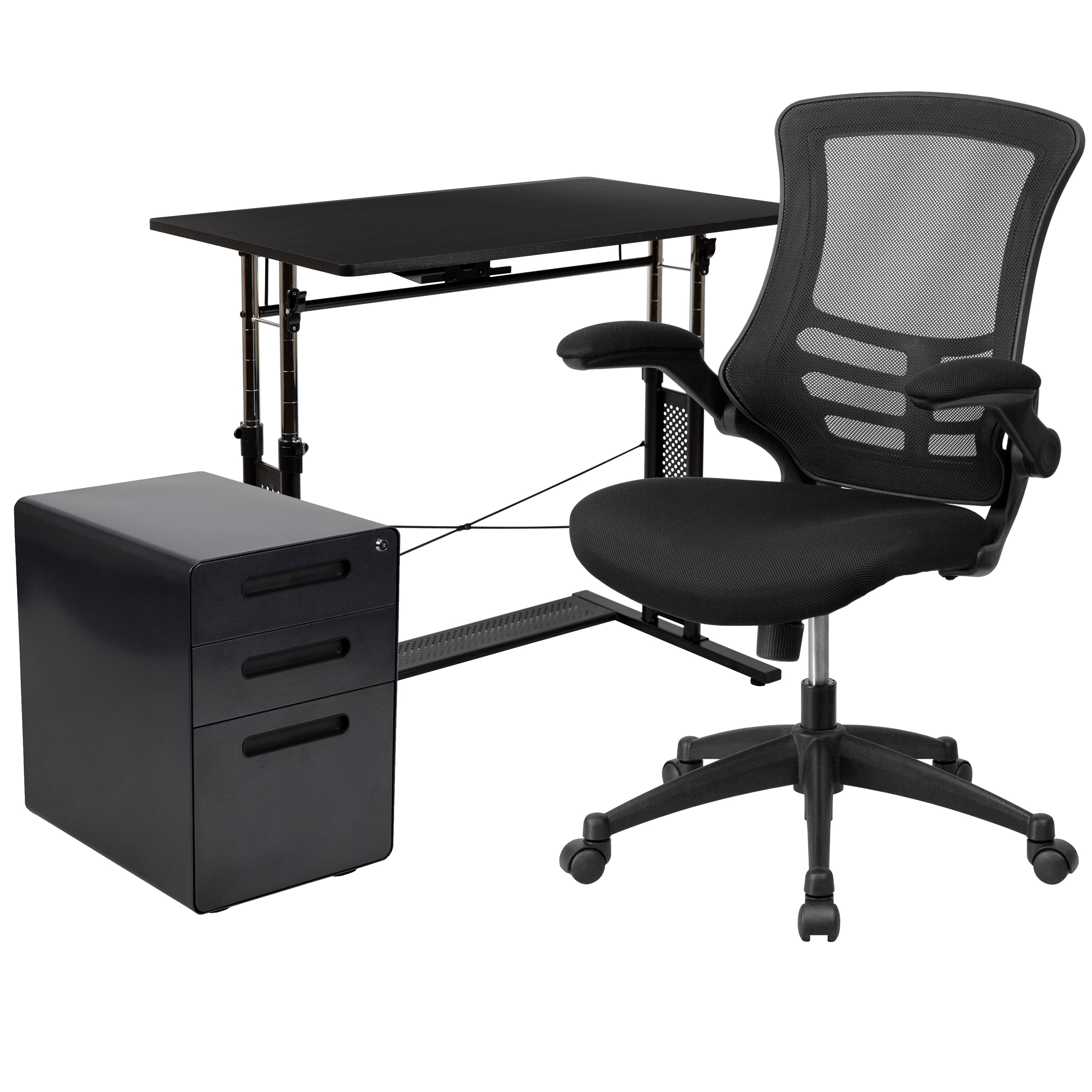 Stiles Work From Home Kit - Adjustable Computer Desk, Ergonomic Mesh Office Chair and Locking Mobile Filing Cabinet with Inset Handles