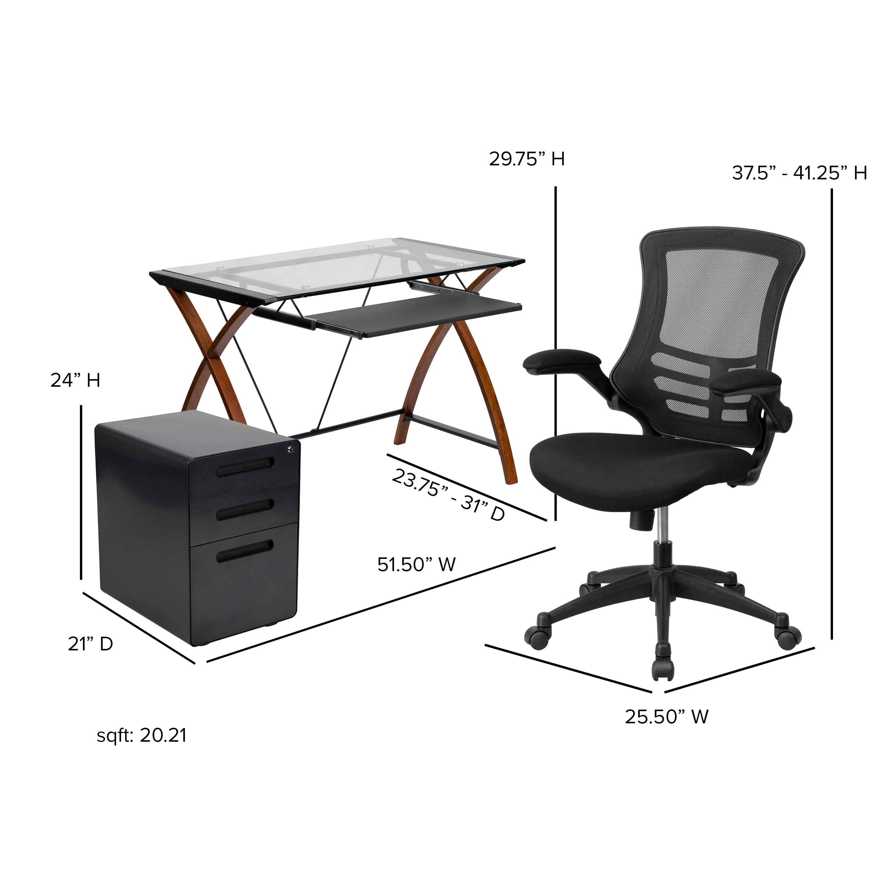 Stiles Work From Home Kit - Glass Desk with Keyboard Tray, Ergonomic Mesh Office Chair and Filing Cabinet with Lock & Inset Handles