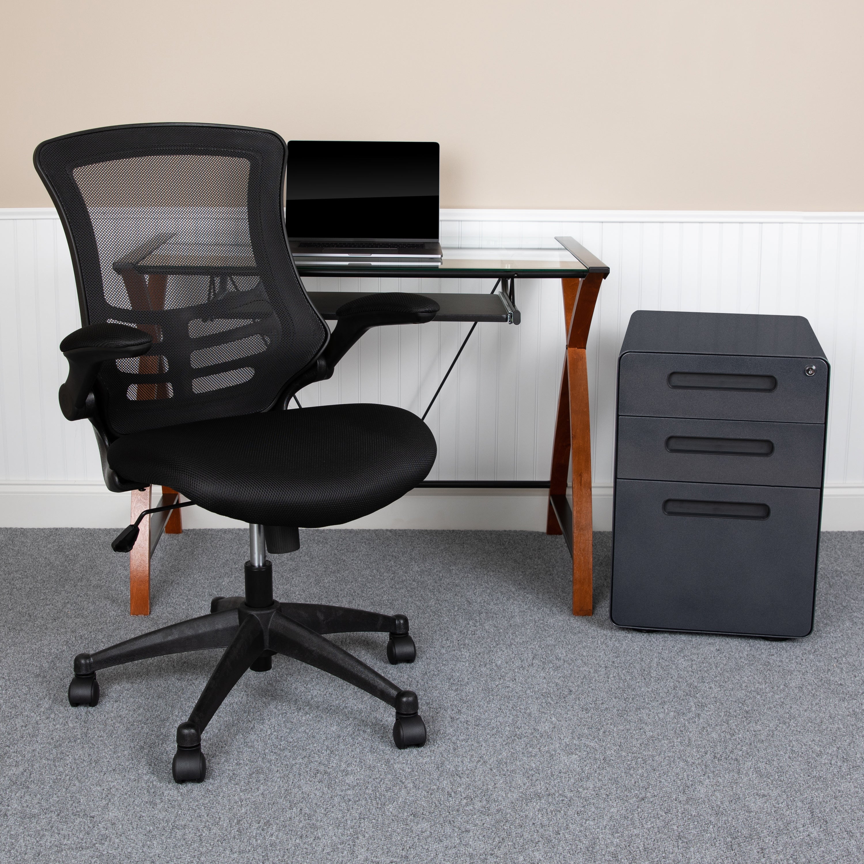 Stiles Work From Home Kit - Glass Desk with Keyboard Tray, Ergonomic Mesh Office Chair and Filing Cabinet with Lock & Inset Handles