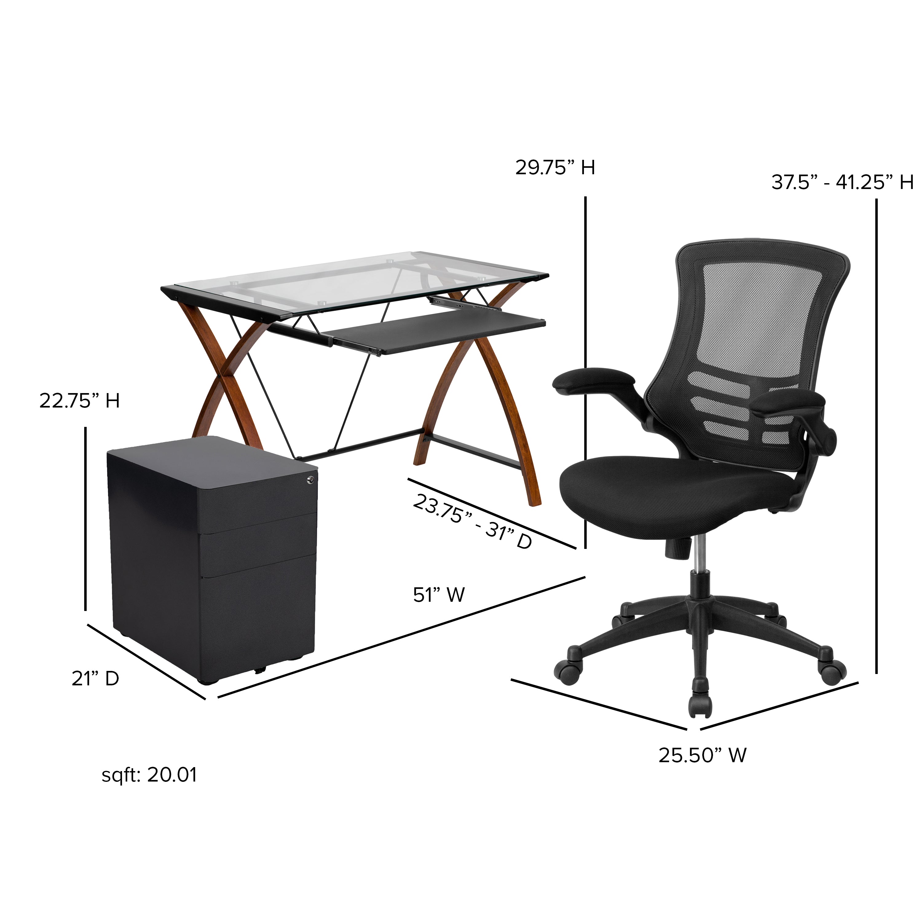 Stiles Work From Home Kit - Glass Desk with Keyboard Tray, Ergonomic Mesh Office Chair and Filing Cabinet with Lock & Side Handles