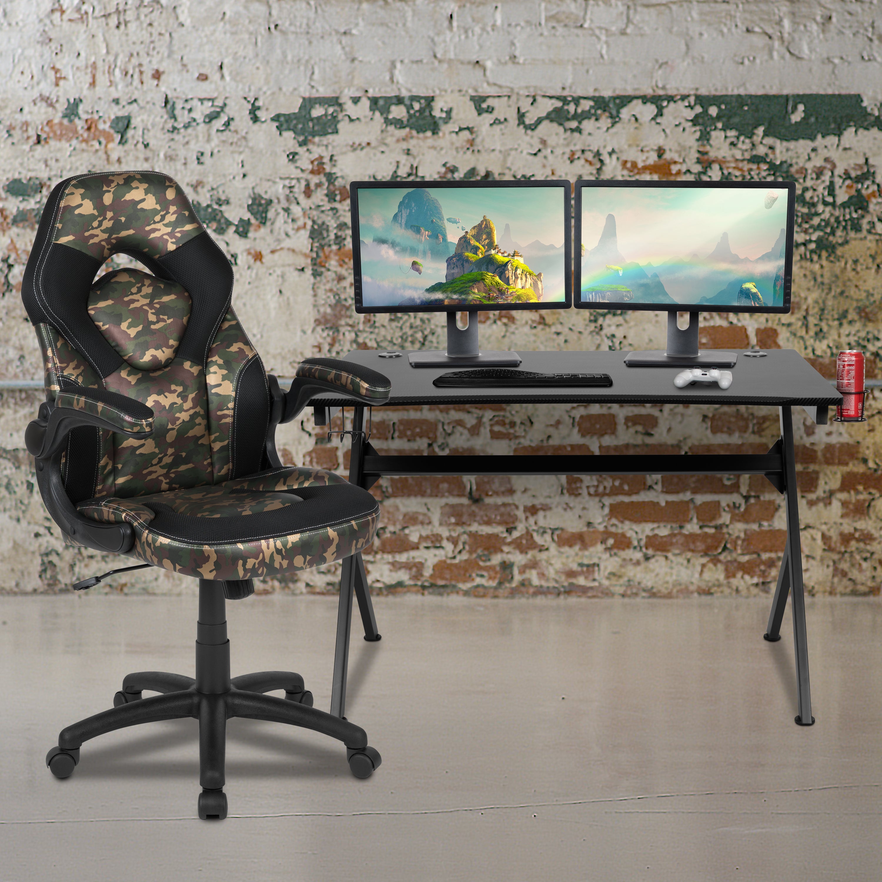 Optis Black Gaming Desk and Camouflage/Black Racing Chair Set with Cup Holder, Headphone Hook & 2 Wire Management Holes