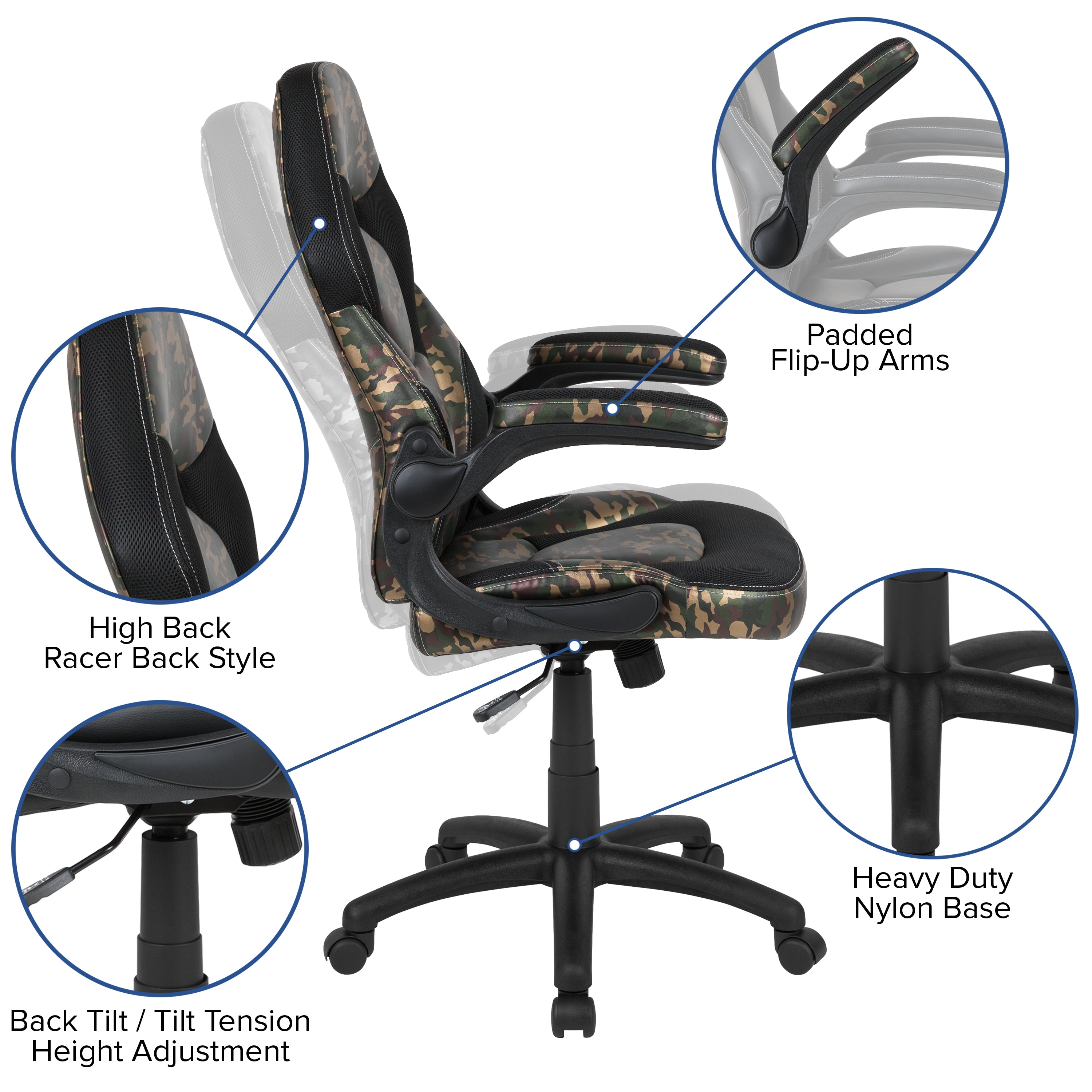 Optis Black Gaming Desk and Camouflage/Black Racing Chair Set with Cup Holder, Headphone Hook & 2 Wire Management Holes
