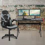 Optis Black Gaming Desk and Gray/Black Racing Chair Set with Cup Holder, Headphone Hook & 2 Wire Management Holes