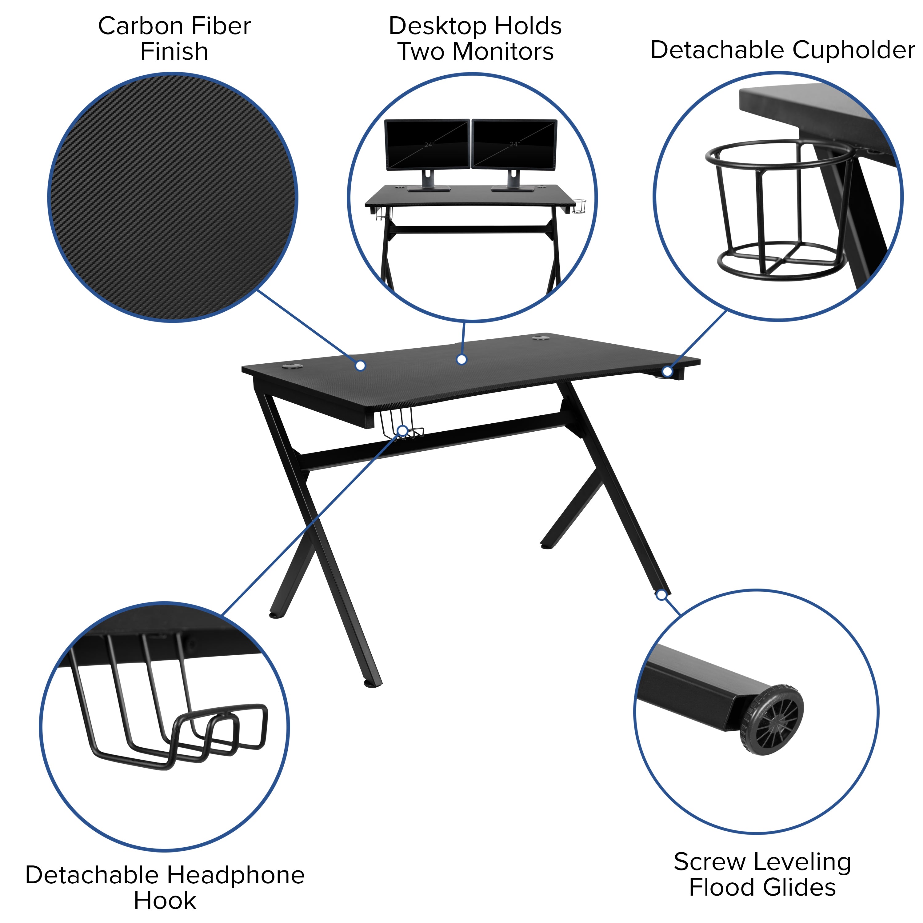 Optis Black Gaming Desk and Orange/Black Racing Chair Set with Cup Holder, Headphone Hook & 2 Wire Management Holes