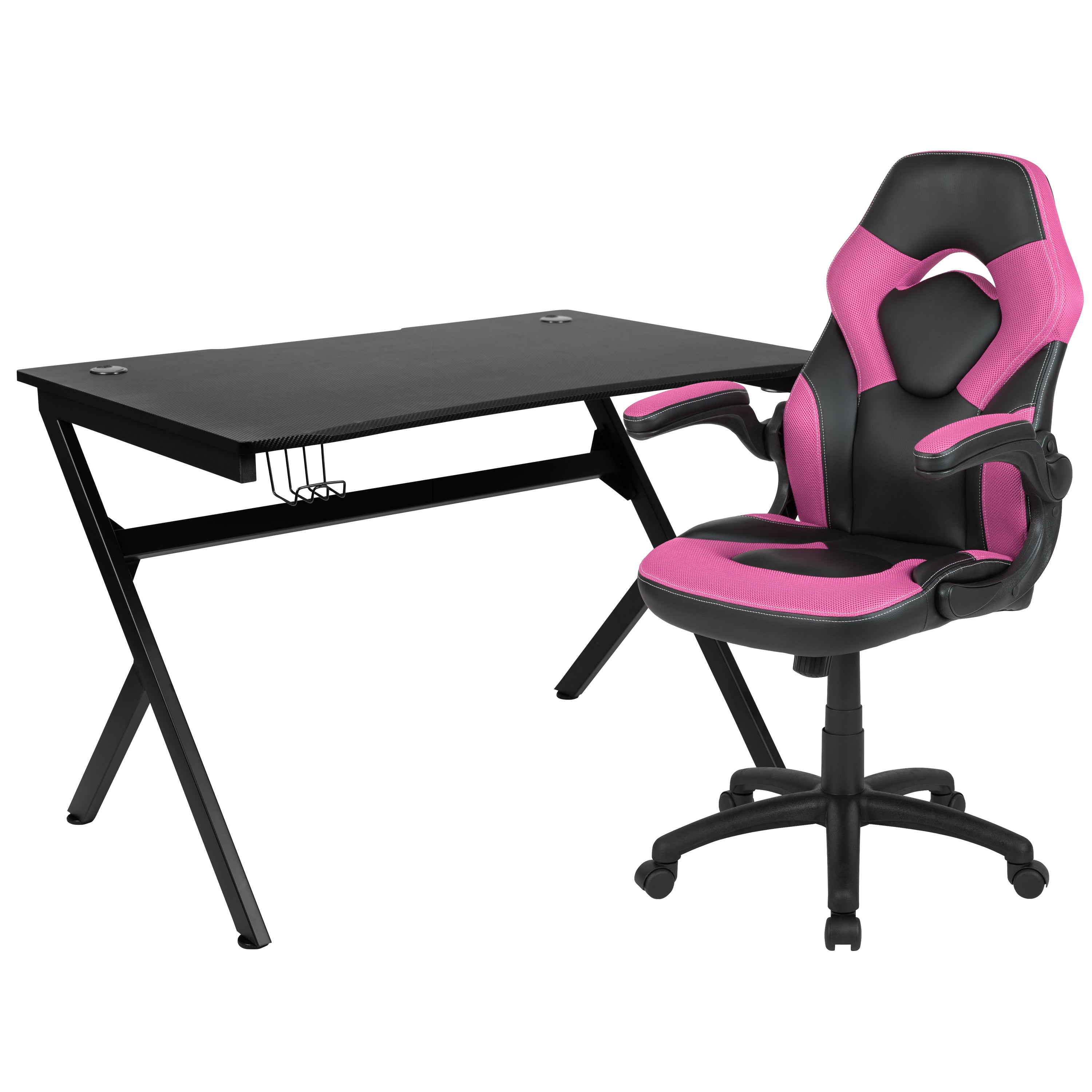 Optis Black Gaming Desk and Pink/Black Racing Chair Set with Cup Holder, Headphone Hook & 2 Wire Management Holes