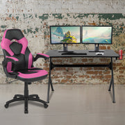 Optis Black Gaming Desk and Pink/Black Racing Chair Set with Cup Holder, Headphone Hook & 2 Wire Management Holes