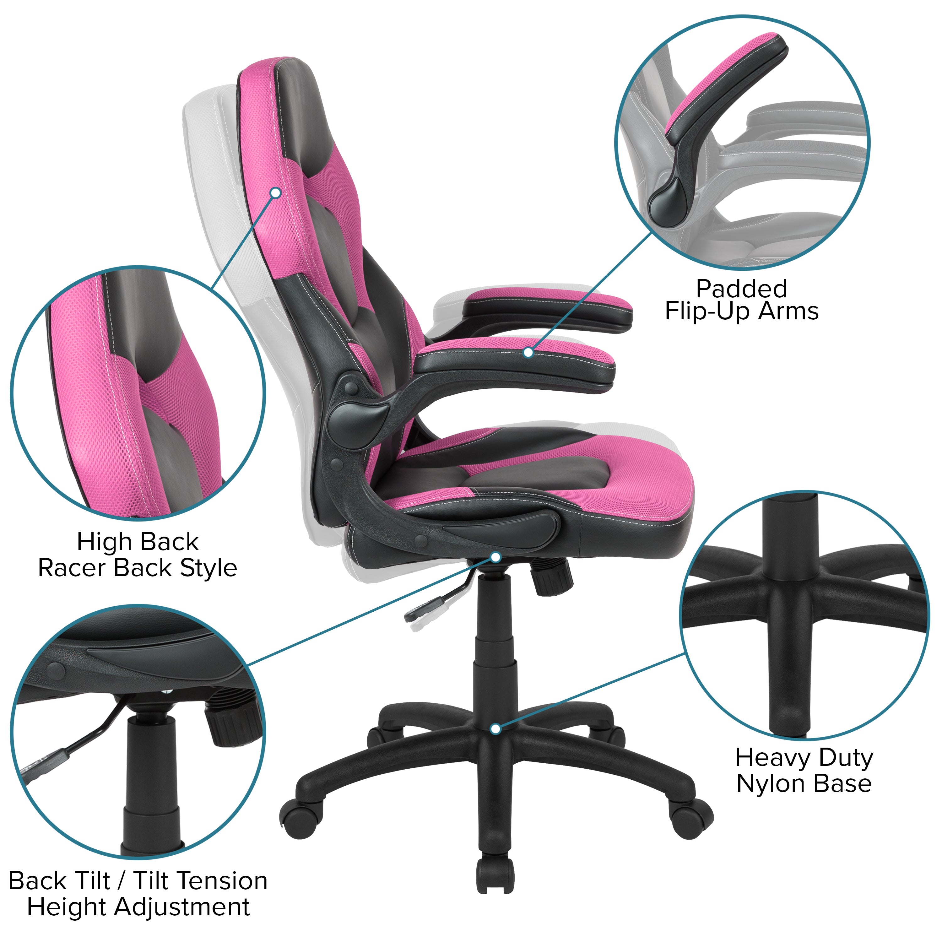 Optis Black Gaming Desk and Pink/Black Racing Chair Set with Cup Holder, Headphone Hook & 2 Wire Management Holes