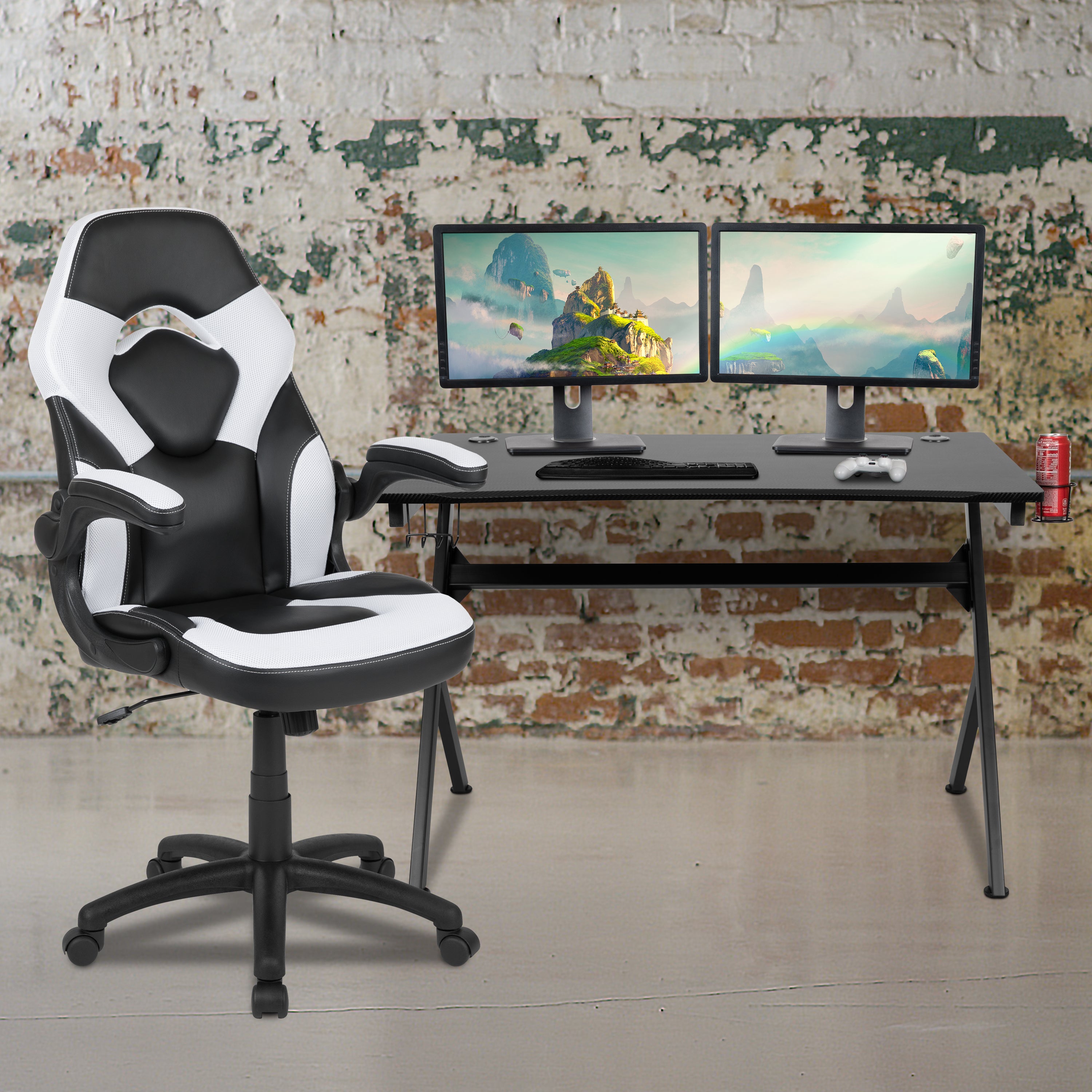 Optis Black Gaming Desk and White/Black Racing Chair Set with Cup Holder, Headphone Hook & 2 Wire Management Holes