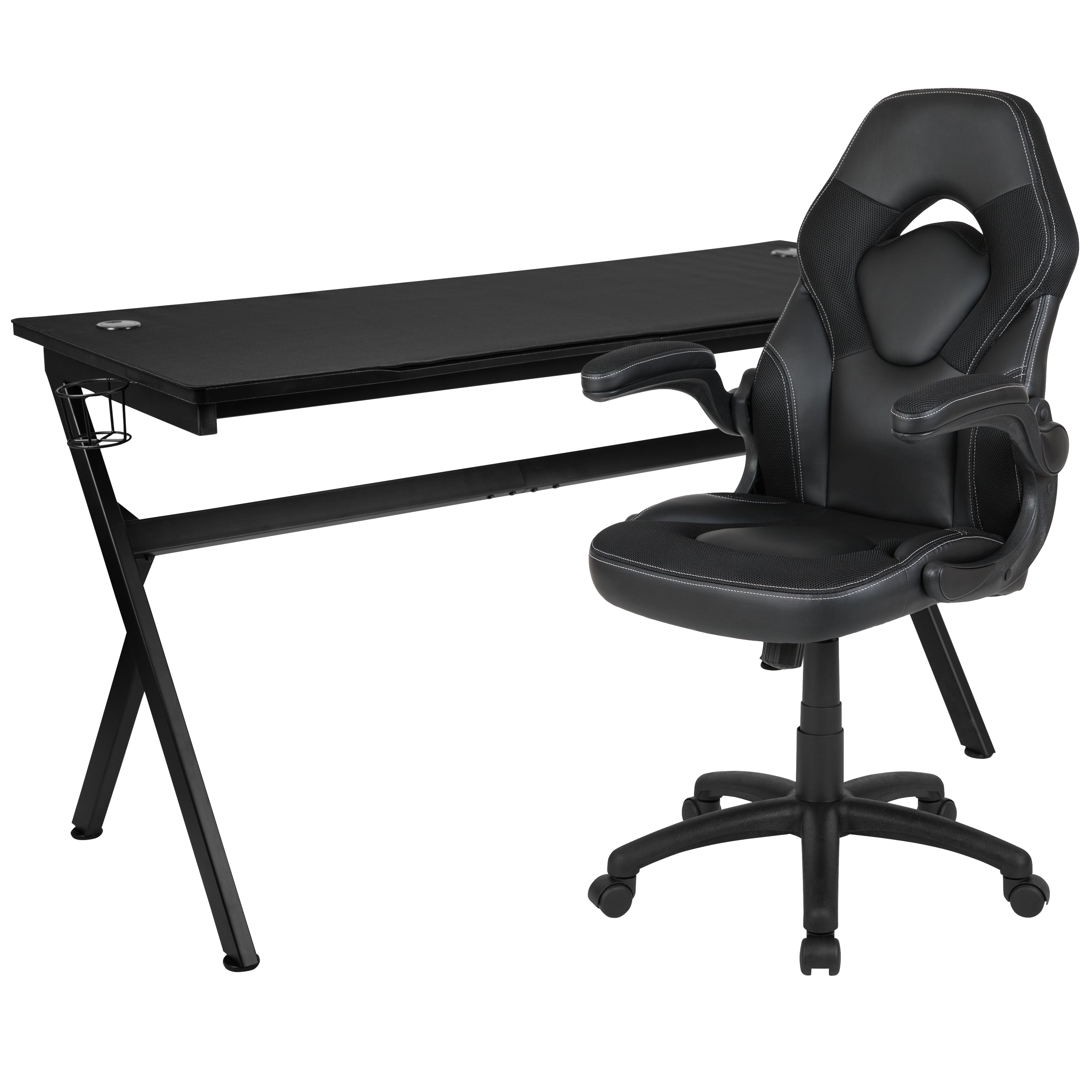 Optis Gaming Desk and Black Racing Chair Set /Cup Holder/Headphone Hook/Removable Mouse Pad Top - 2 Wire Management Holes
